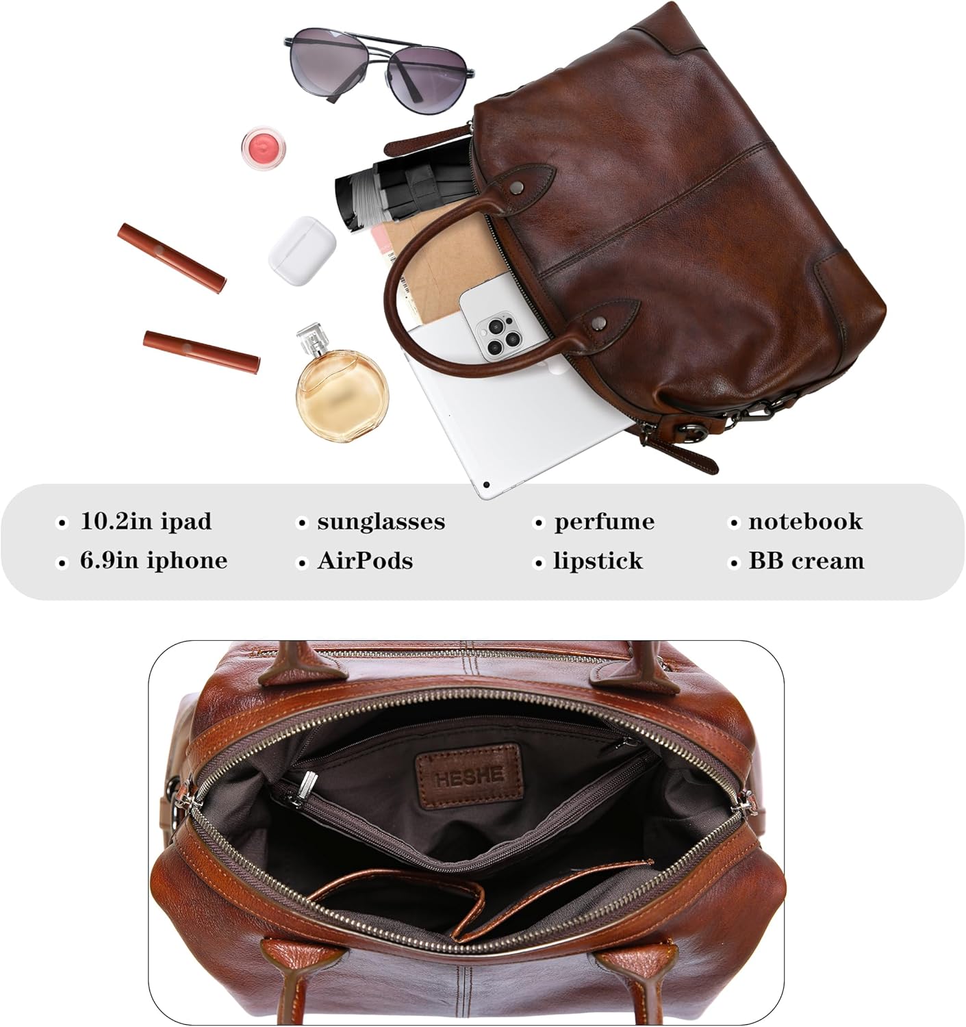 HESHE Genuine Leather Satchel Tote Bag for Women Leather Purse Large Capacity Top Handle Handbag Vintage Doctor Bag - Image 7