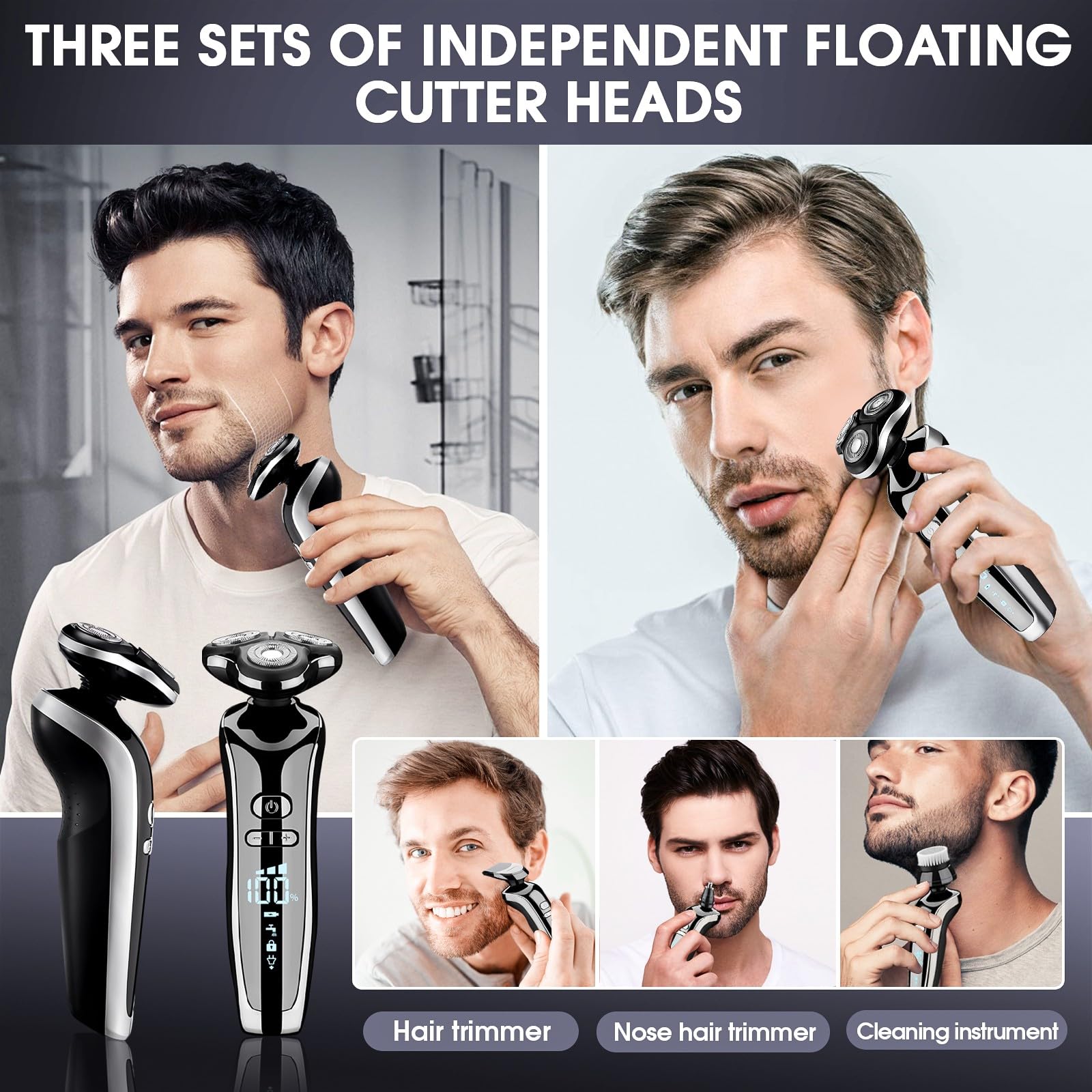4 en 1 rasoir electriques hommes, Rasoir électrique, Tondeuse barbe homme avec Tête de brosse nettoyante Tondeuse à cheveux, tondeuse à poils de nez Utilisé sur toutes les parties du corps