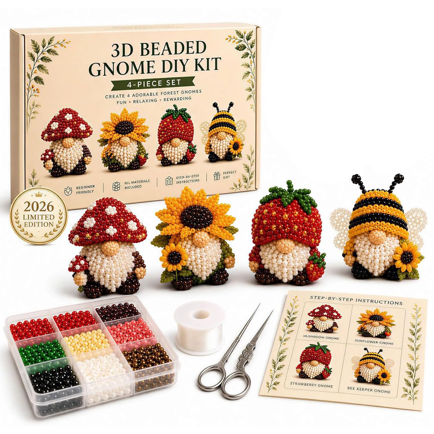 JYEVERC 3D Beaded Gnome DIY Kit, Handmade DIY Gnomes Beading Set with Instructions, Cute Animals Gnome Bead Embroidery Kit, Gnomes Art Embroidery Craft Kits, for Adults Beginners (Style-B,8CM)