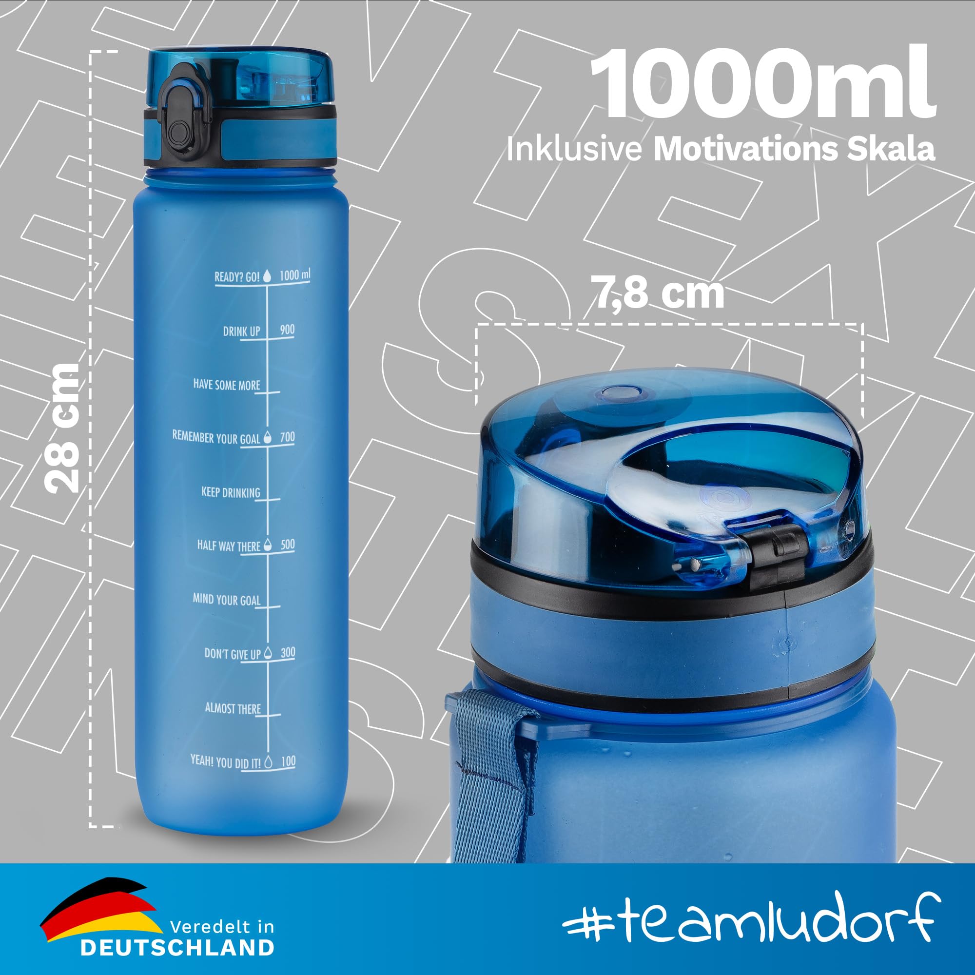 CAMPOS 2.0 Trinkflasche 1 Liter – BPA-frei, Auslaufgehemmt, Mit Trinkverschluss & Handschlaufe, Transparent