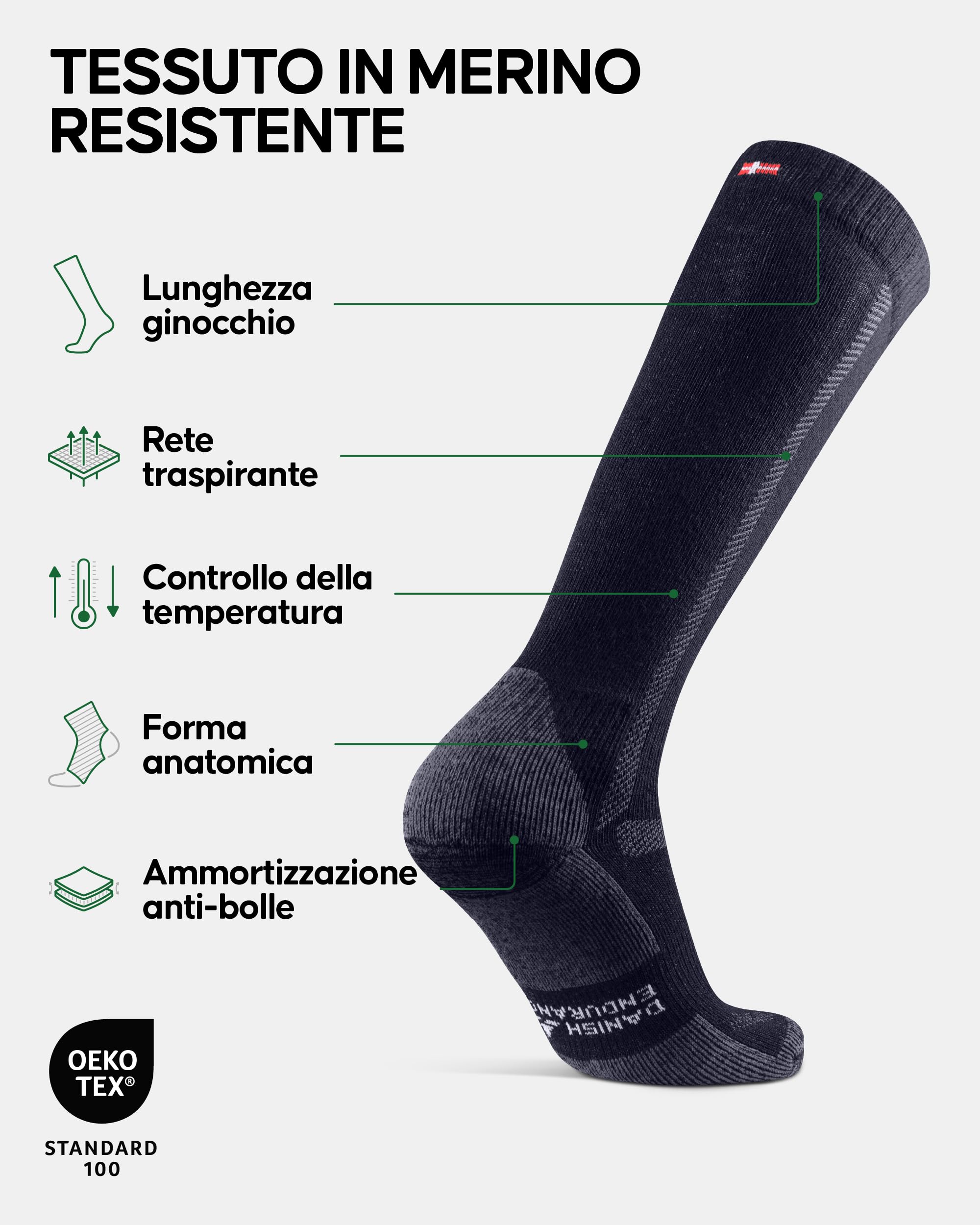 DANISH ENDURANCE Calze Lunghe da Trekking in Lana Merino, Calzini Anti Vesciche, da Uomo e Donna