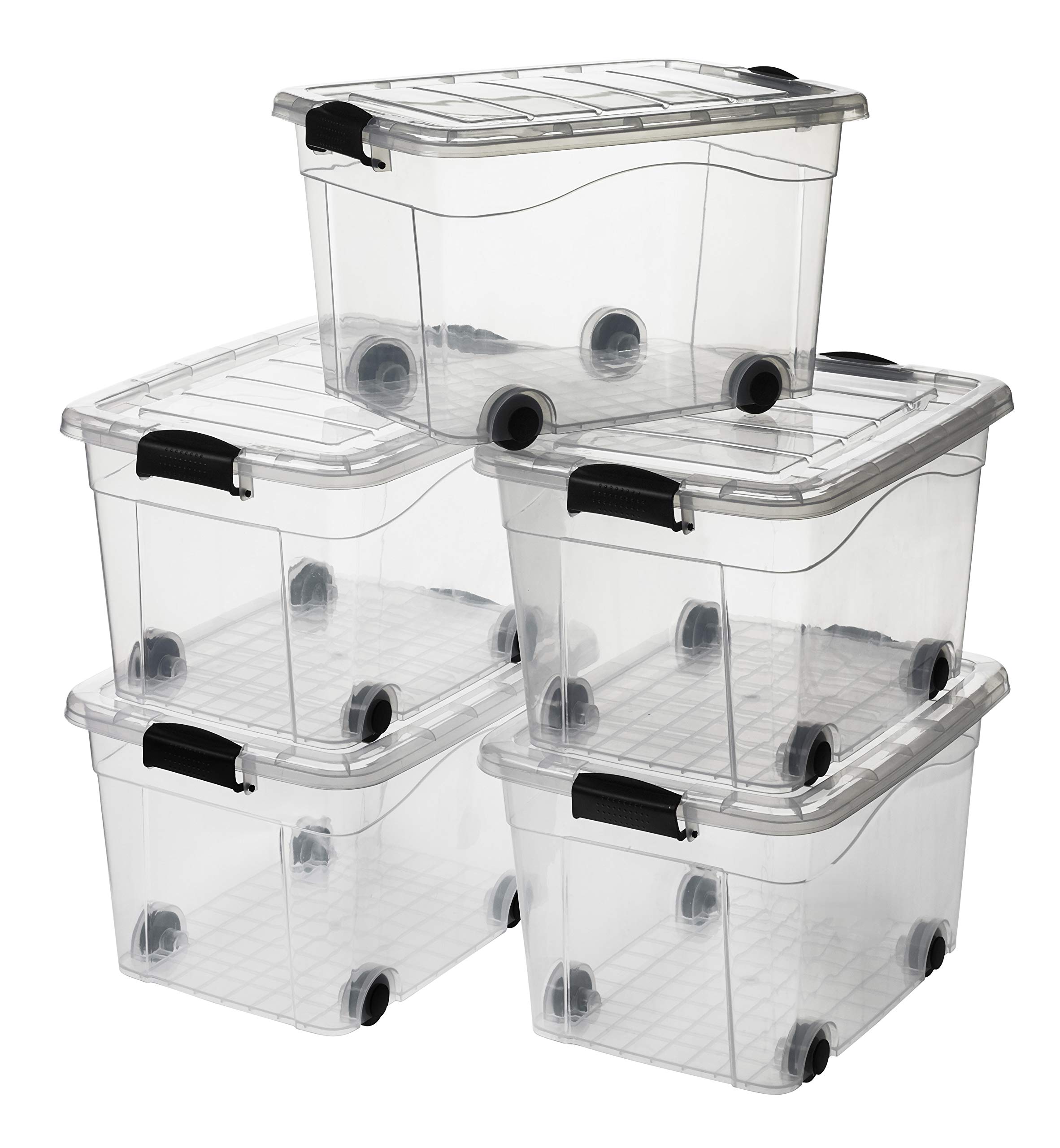 Logiplast 5 Stück Aufbewahrungsbox transparent 40 Liter mit Deckel und Klickverschluss 530 x 400 x 320 mm inkl. Rollen