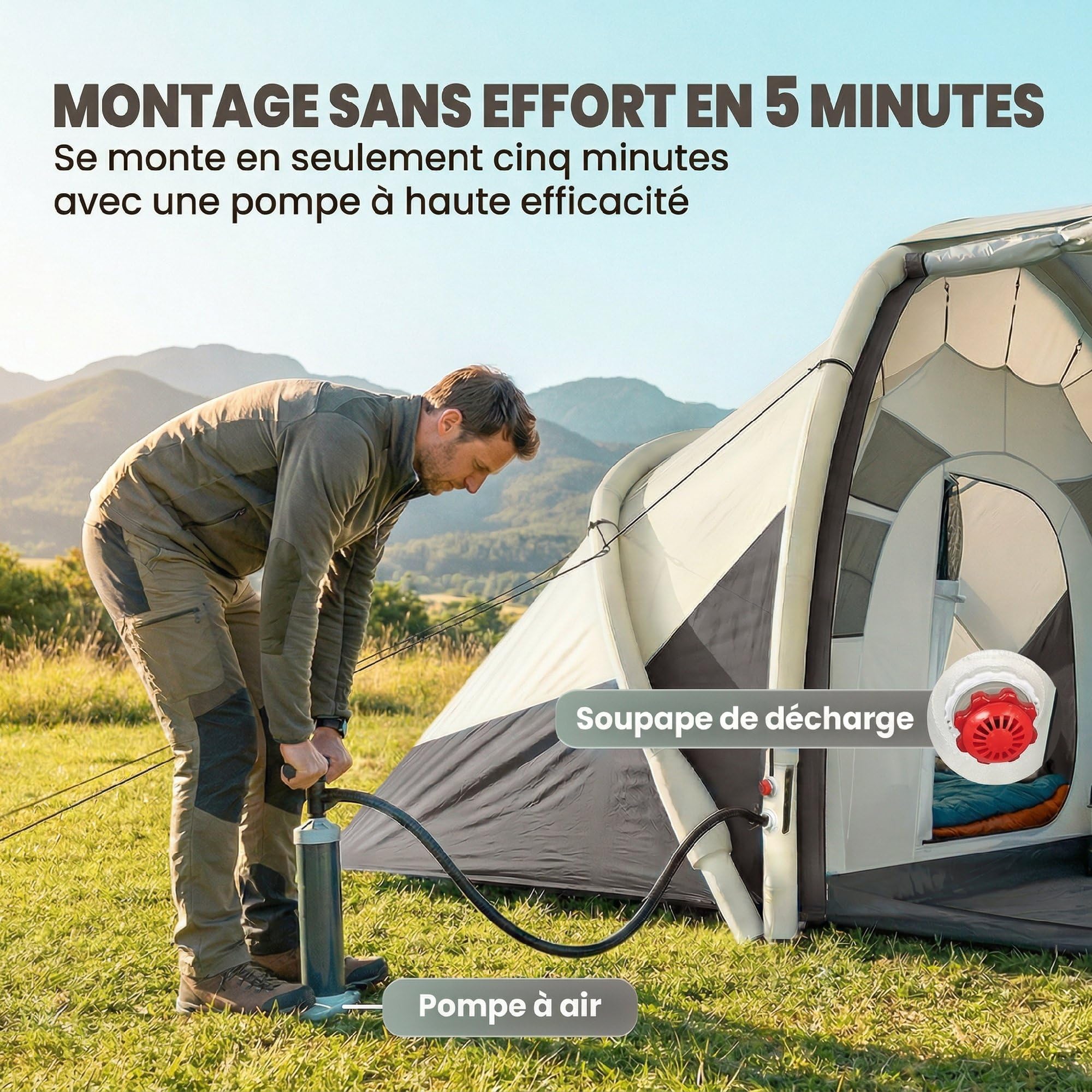 Outsunny Tente de Camping Gonflable 2-4 Personnes avec Pompe, 2 Chambres et Séjour - Tente Tunnel Familiale Imperméable 3000mm - 4,85m avec Valve de Décharge et Auvent, pour Camping, Gris