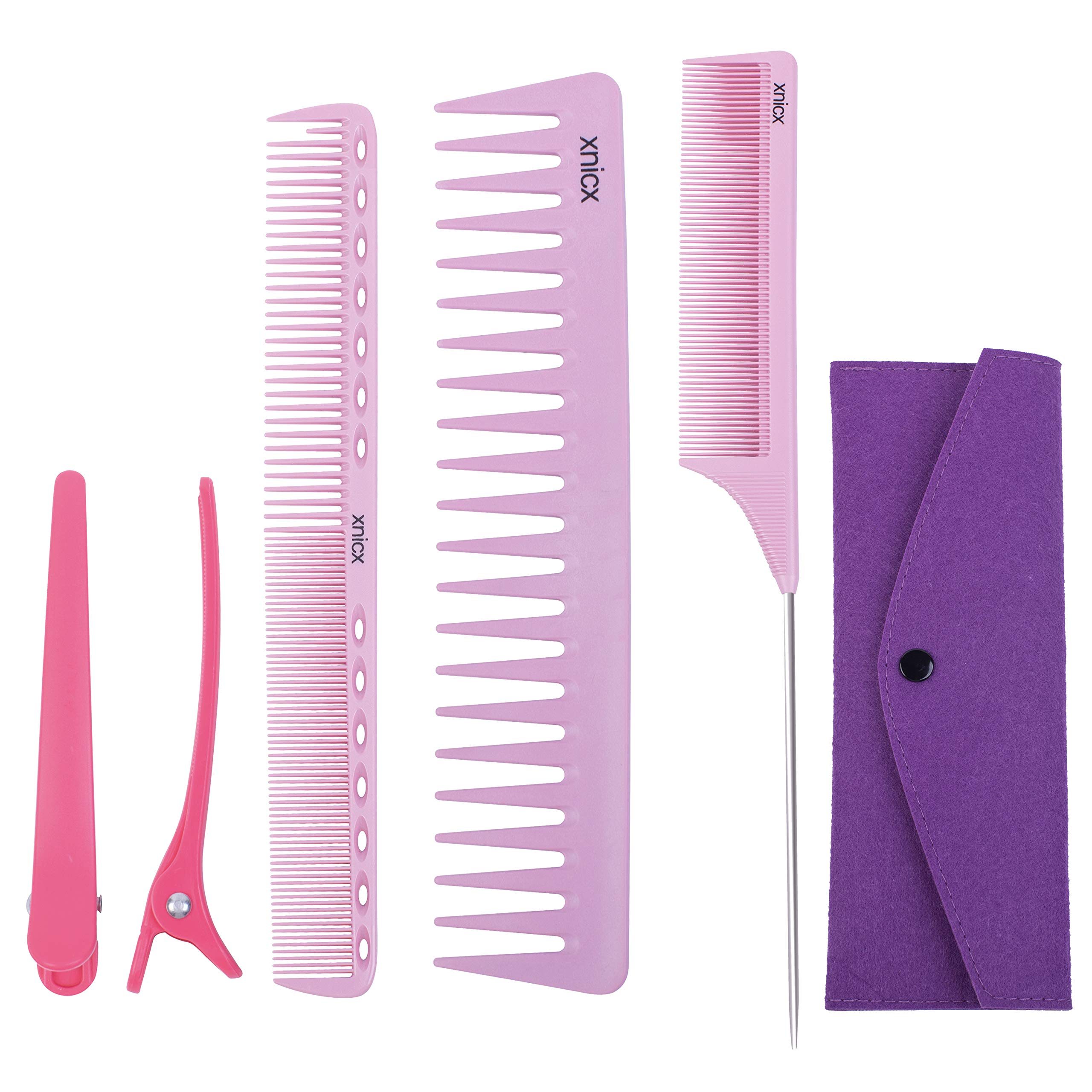 xnicx 5pcs Pink Styling Comb Set Heat Resitant Up to 180ā Rat Tail Comb, Cutting Comb, Wide Tooth Comb for Backcombing Hair Styling Hairdressing Salon