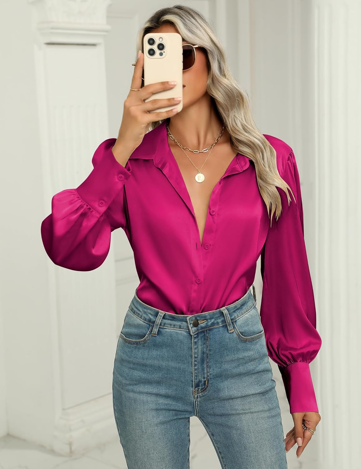 Zeagoo Womens Satin Blouse Lantern Long Sleeve Silk Button Down Shirt Dressy Casual Business Work Tunic Tops - Image 3