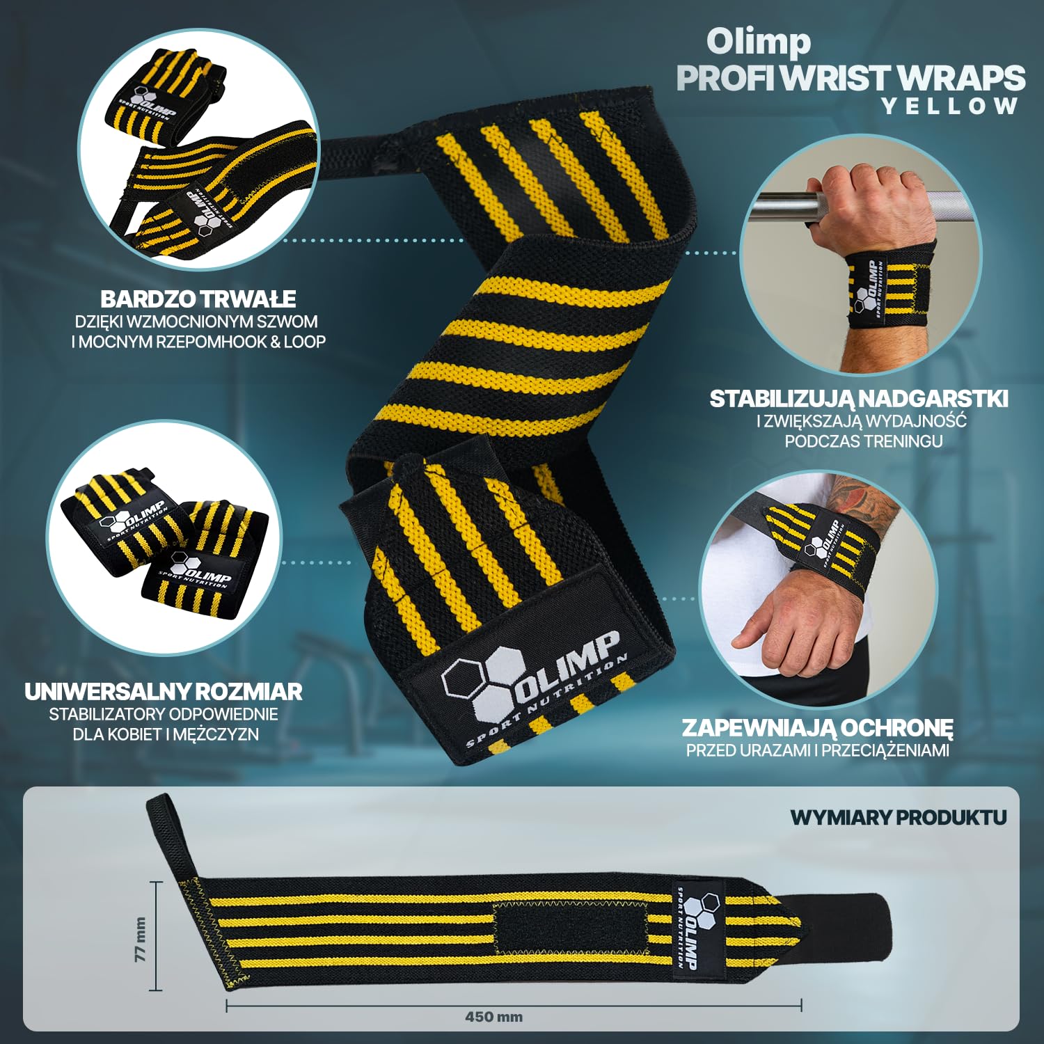 Olimp Stabilizatory nadgarstków - Wsparcie nadgarstka dla kobiet i mężczyzn - Sport Fitness Crossfit - Profi Wrist Wraps Yellow