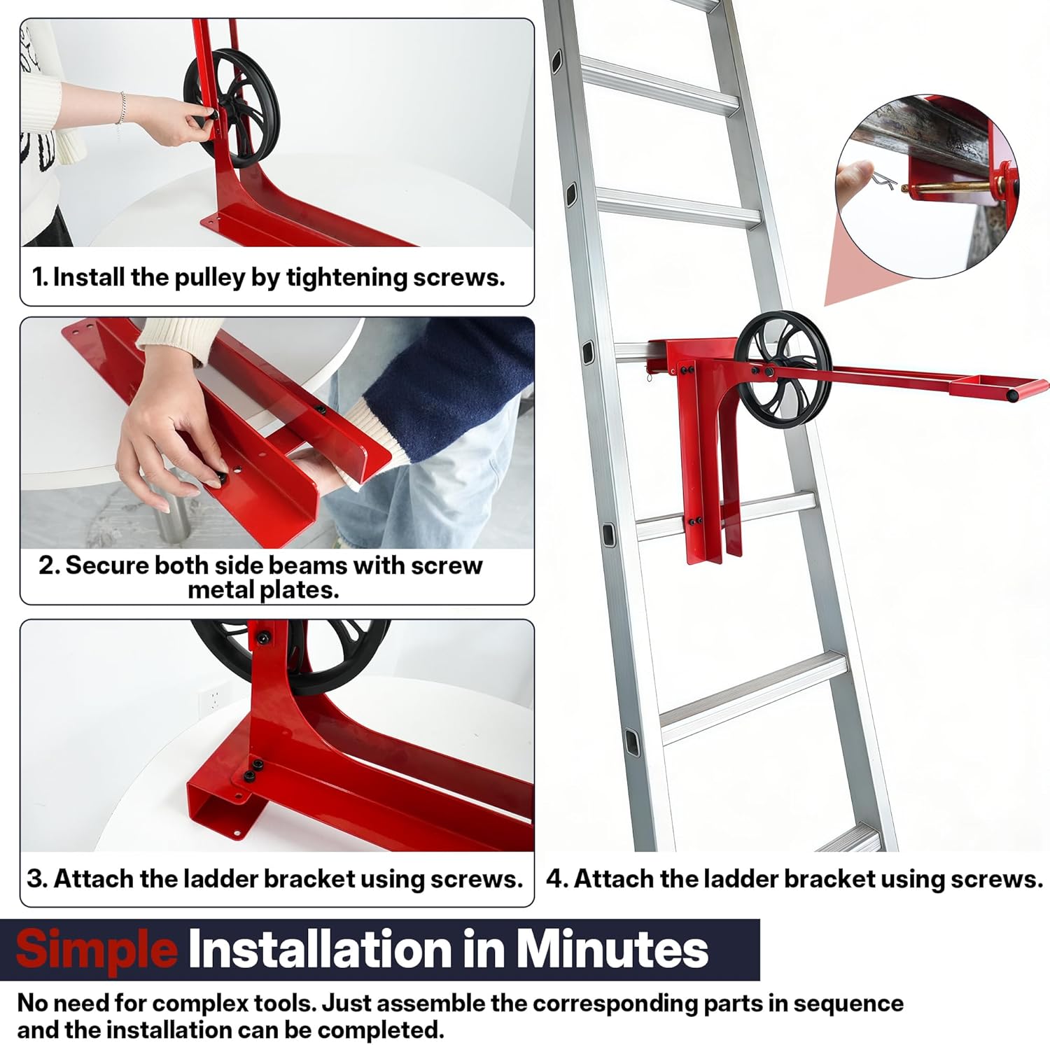 Hoisting Wheel with Long Handle 500 Lbs Ladder Pulley Hoist System 8.5" Scaffolding Wheels, Scaffold Hoist Pulley for Ladder Accessories, Red