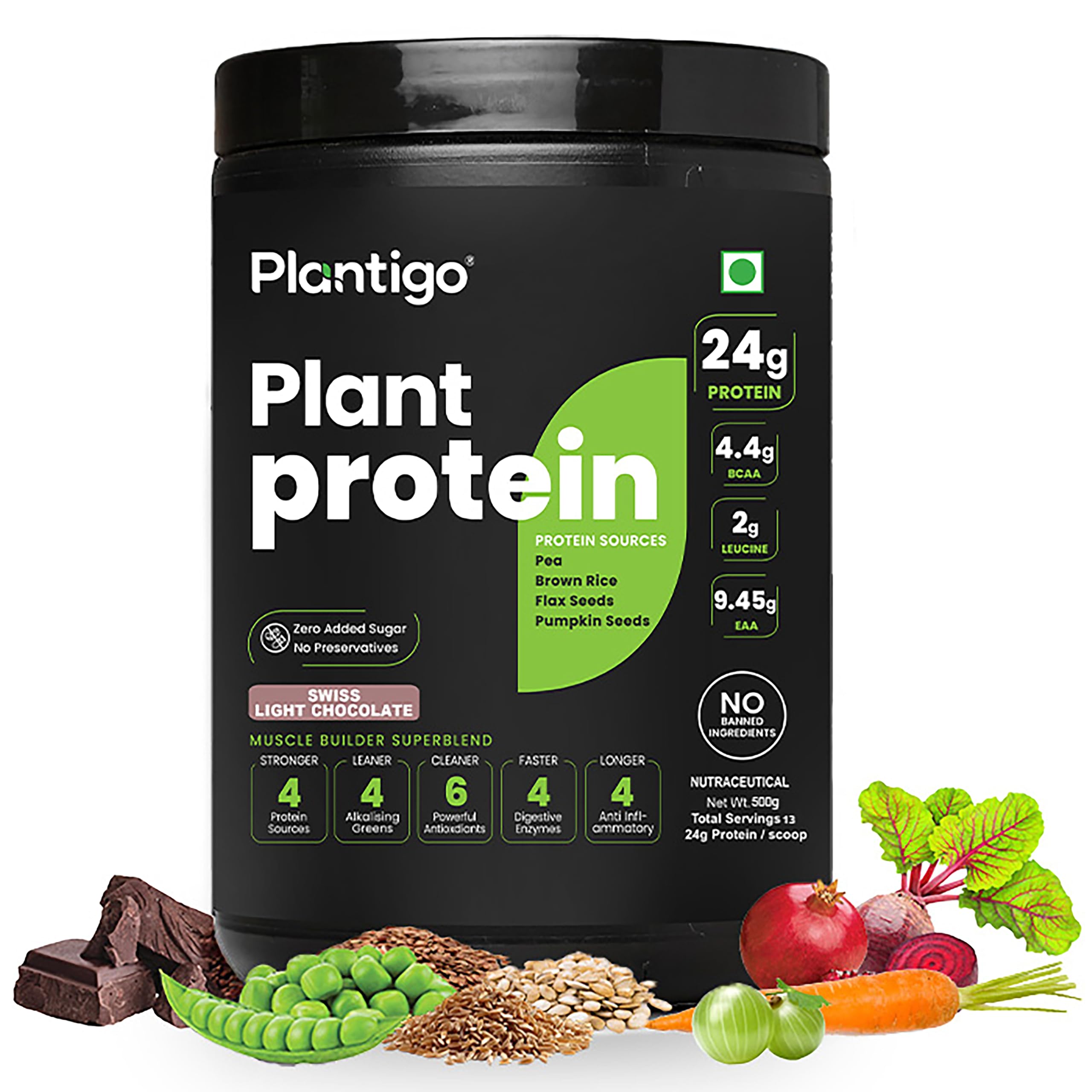 Plantigo Clean Protein Powder Men & Women | 24g Plant Protein, 4.4g BCAA, 2g Leucine, 4g Fiber | No Sugar, No Dairy, No Preservatives | 4x Fast Digest, Stress & Muscle Recovery | Swiss Chocolate 500g