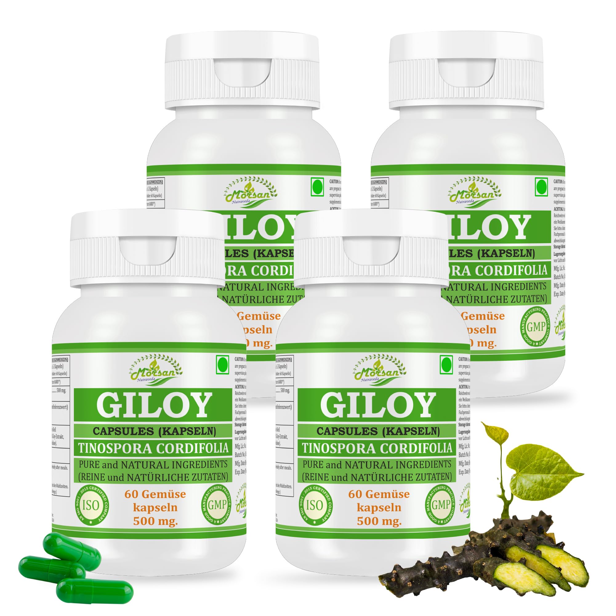 Giloy-Kapseln 500 mg. 60 Veganer. Einheiten | Guduchi (Tinospora Cordifolia) Extrakt-Kapseln für Männer und Frauen | Ayurvedische Kräuterergänzung/Heilmittel | 10:1 Stärke (4 Flasche mit 60 Kapseln)
