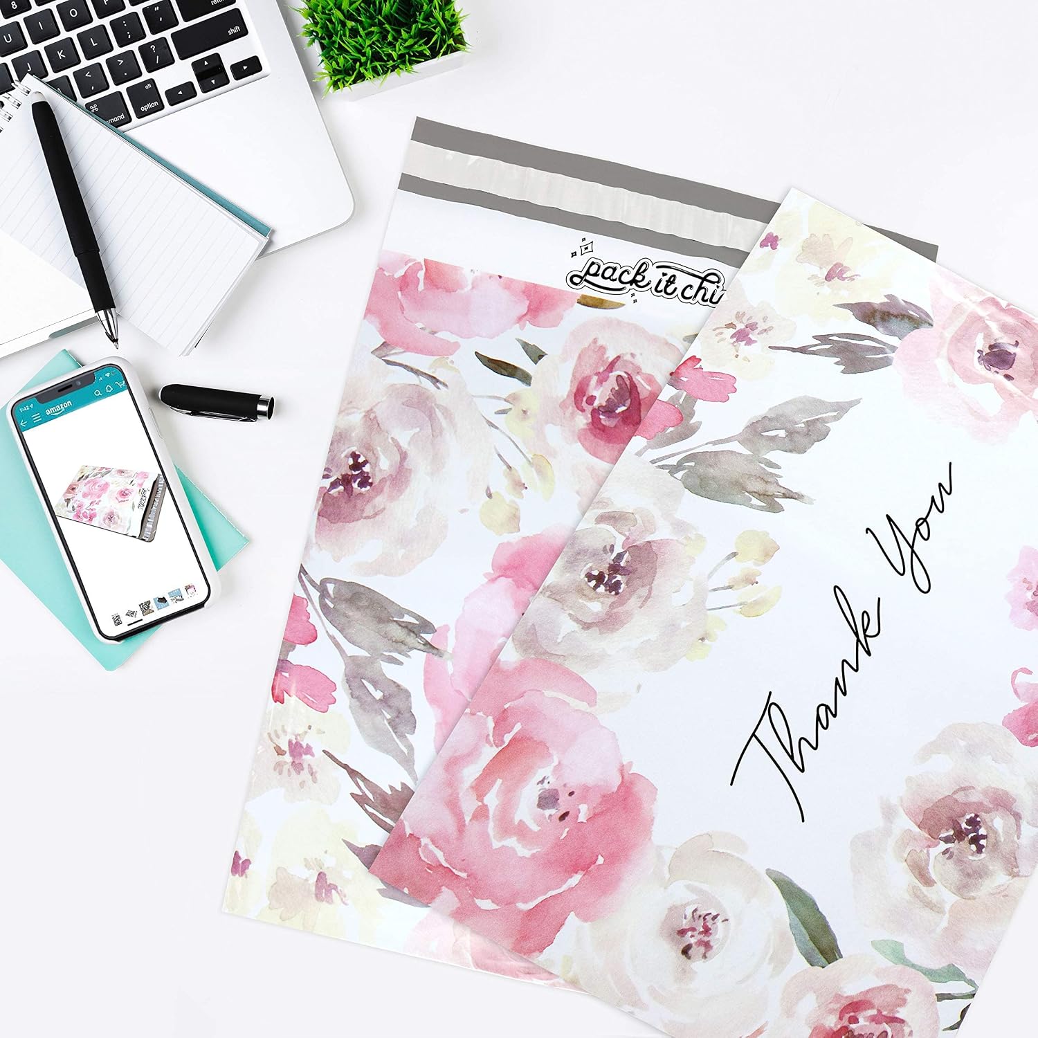 Pack It Chic - 12" X 15.5" (100 Pack) Floral Flowers - Thank You Poly Mailer Envelope Plastic Custom Mailing & Shipping Bags - Self Seal