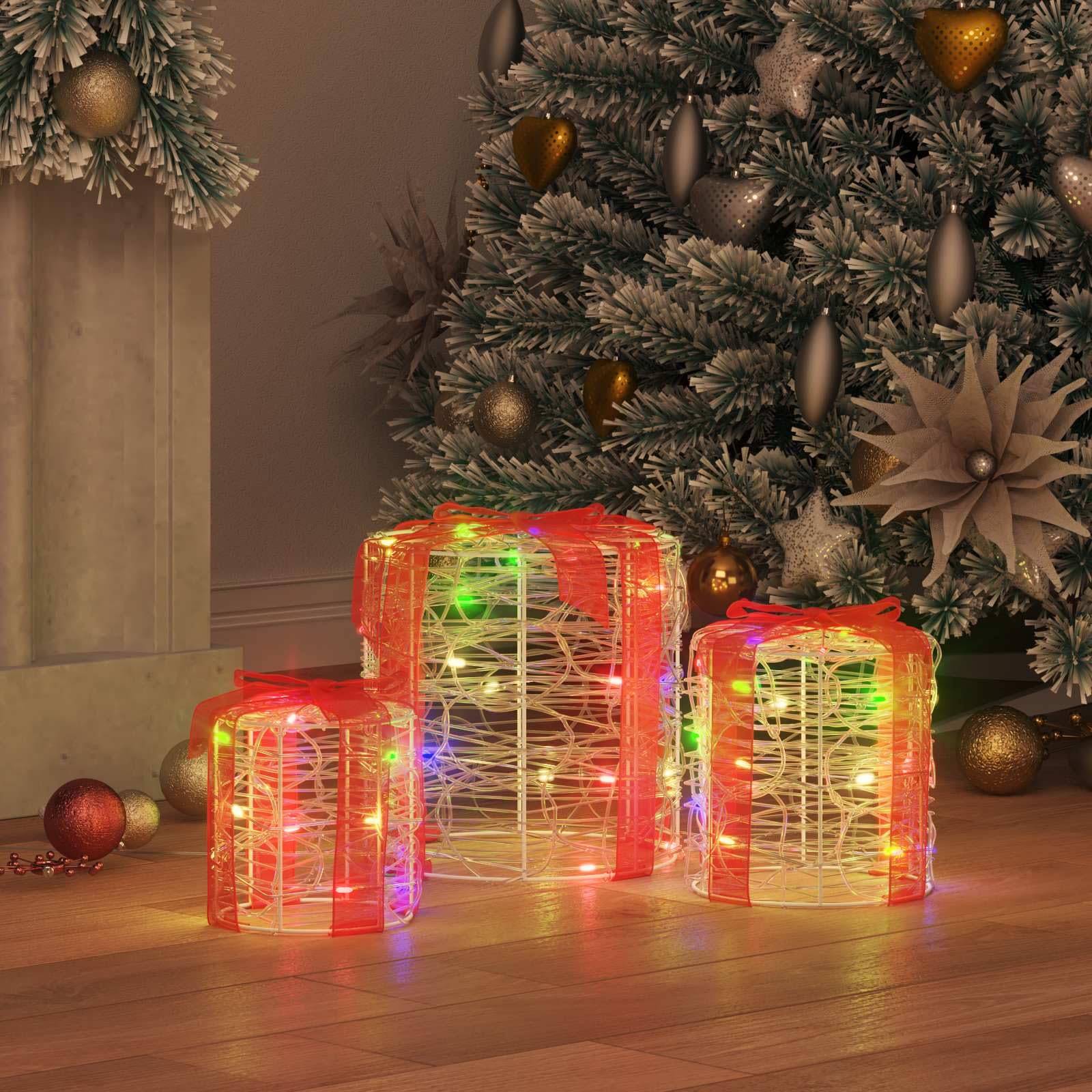 Pudełko na prezent, dekoracja, 3 sztuki, kolorowe akryle, 20 x 20 x 21 cm, z paskami LED, zasilane przez USB, do dekoracji choinki i świątecznej dekoracji salonu