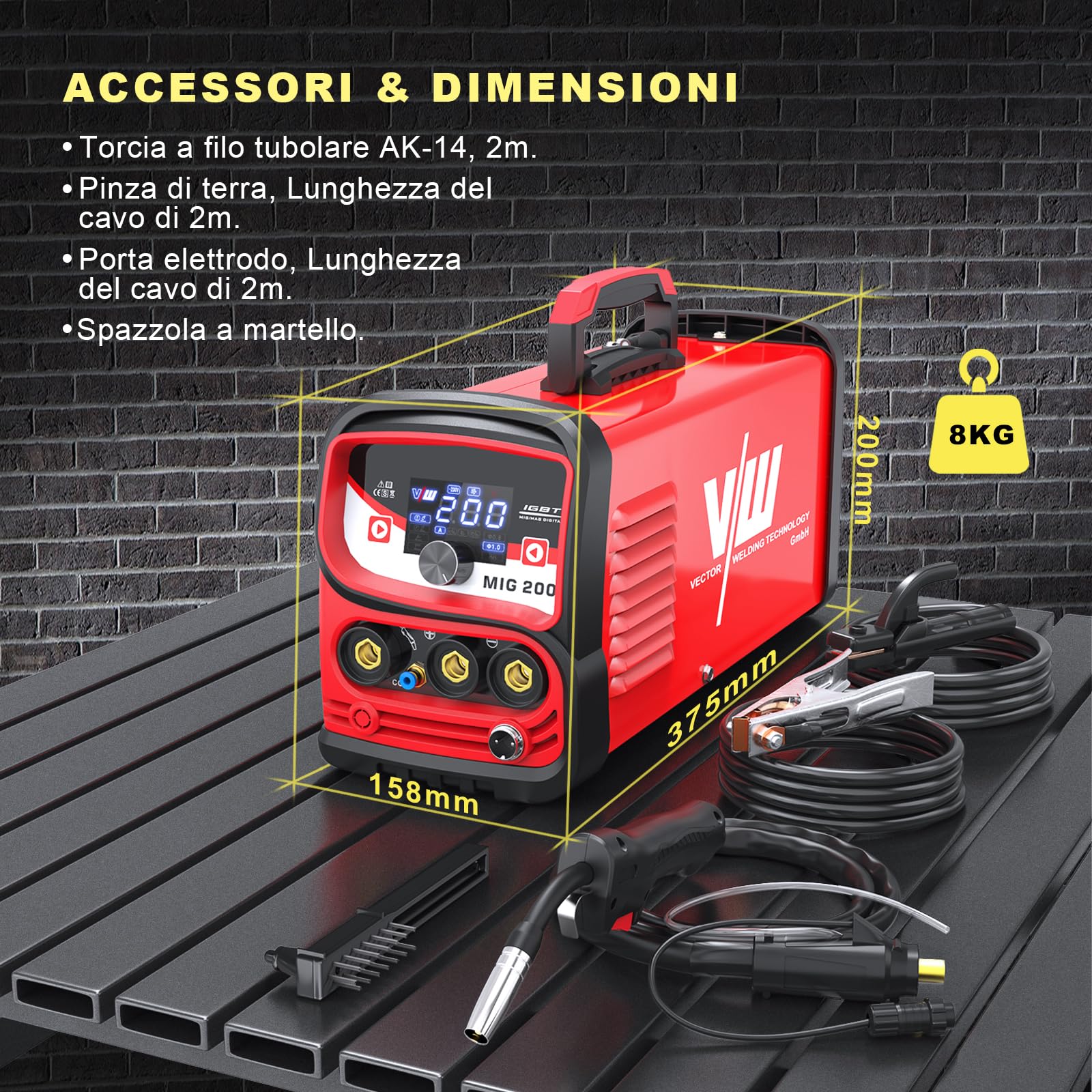 4 in 1 Saldatrice a Filo Continuo No Gas 200A, Saldatrice MAG/MIG con Gas | MIG/MAG con gas, FCAW senza gas, MMA e Lift TIG; inverter IGBT, controllo MCU e display digitale per regolazioni precise