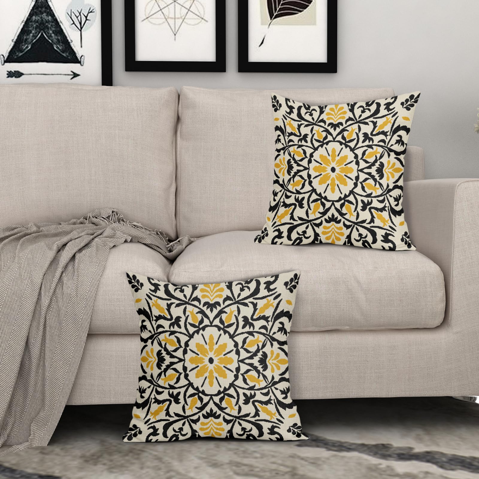 Lot De 2 Housses De Coussin Carrées 50.8x50.8 Cm – Motif Arbre De Vie Bohème – Velours Noir Et Doré – Pour Canapé, Lit, Salon