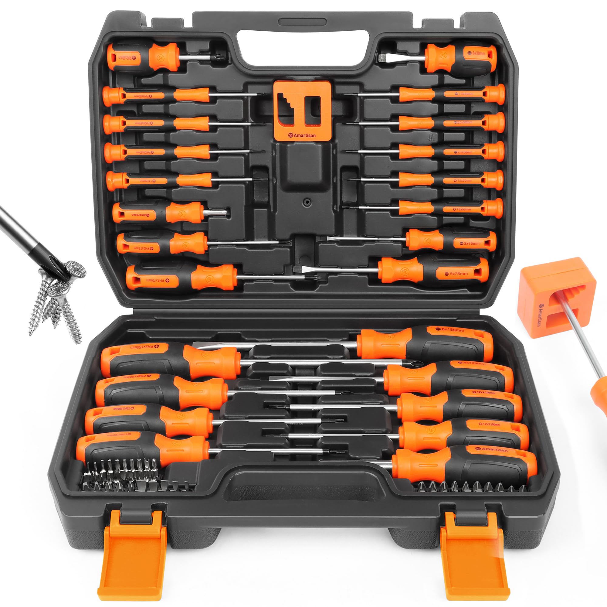 Amartisan 86-Piece Magnetic Screwdrivers Set with Case, Includs Slotted, Phillips, Hex, Pozidriv,Torx and Precision Screwdriver Set, Magnetizer Demagnetizer Tools, Tools for Men