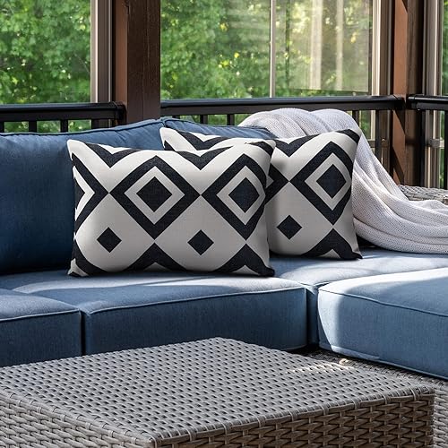 Miniatura 6 de Paquete de 2 almohadas lumbares para exteriores para descansar en la cabeza, color negro y blanco, fundas de cojín resistentes de 16 x 11 pulgadas,