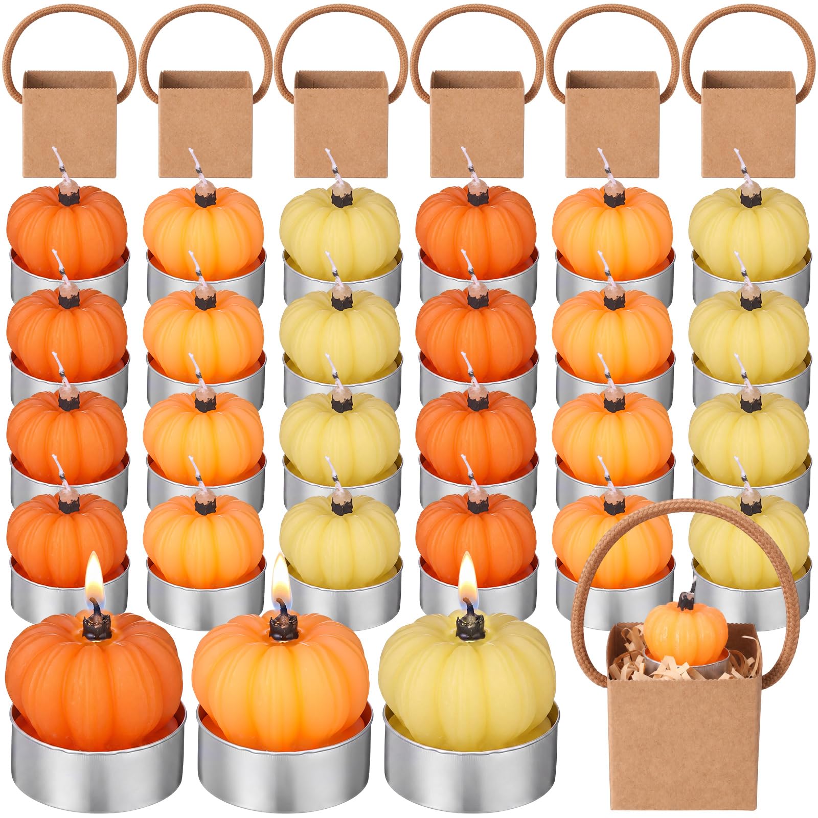 MTLEE Juego de 24 velas con forma de calabaza de otoño con bolsas de papel kraft y relleno de rafia, vela de cera de soja y calabaza naranja, regalo de Acción de Gracias, Halloween, para mujeres