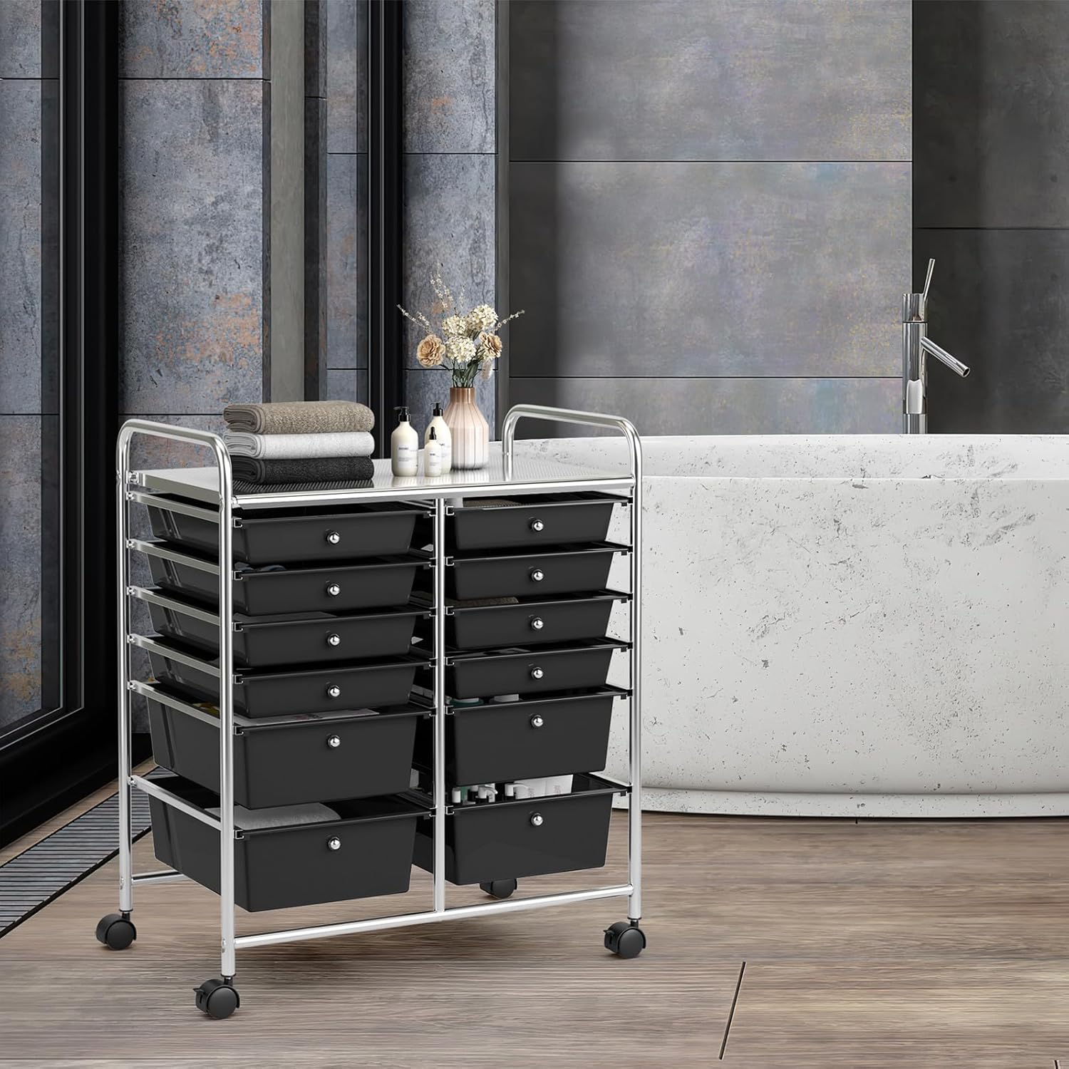 Storage Cart, 12 Drawer Rolling Organizer Cart with Large Capacity, Portable Carrying Handle & Lockable Wheels, Utility Cart for Tool Home Office School Beauty Salon Art Craft (Black)