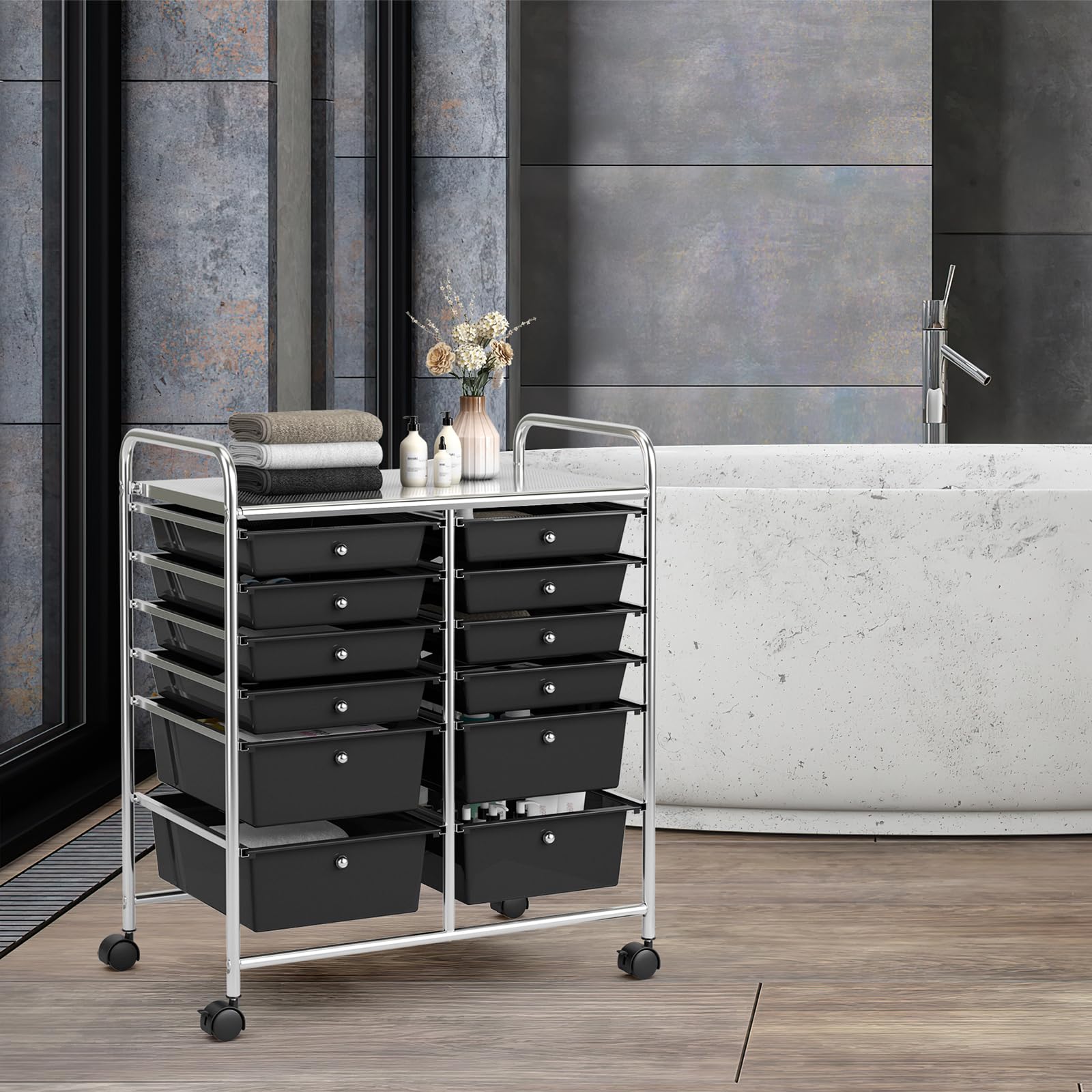 COSTWAY Carrito Auxiliar con Ruedas, Mueble Auxiliar Cocina con 12 Cajones Apilables, Carrito Organizador de Estructura Metálica para Cocina Oficina, Baño (Negro)