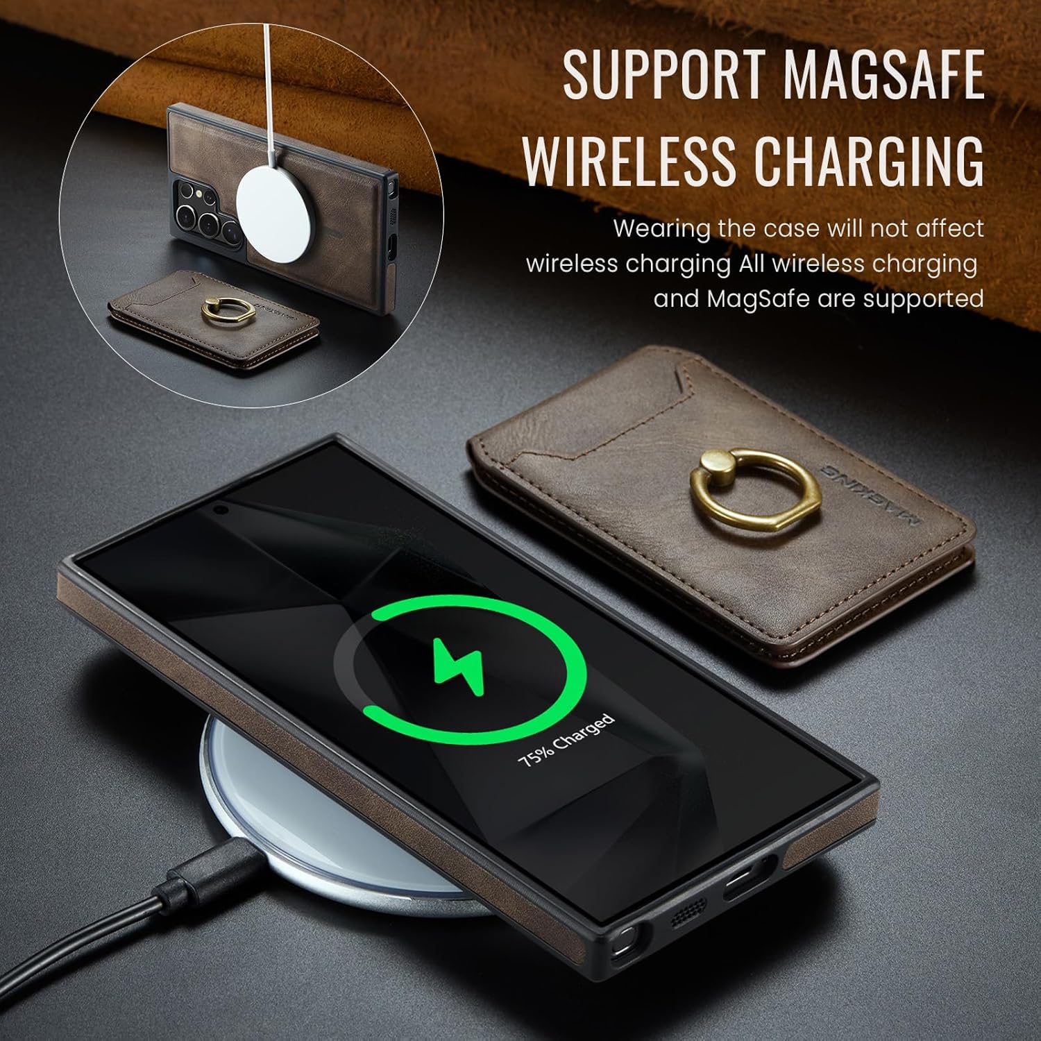 for Samsung Galaxy S23 Ultra 2 in 1 Detachable Card Bag Wallet Case Durable Leather Wallets Magnetic Card Holder 4 Card Slots Ring Stand RFID Blocking Coffee - Image 7
