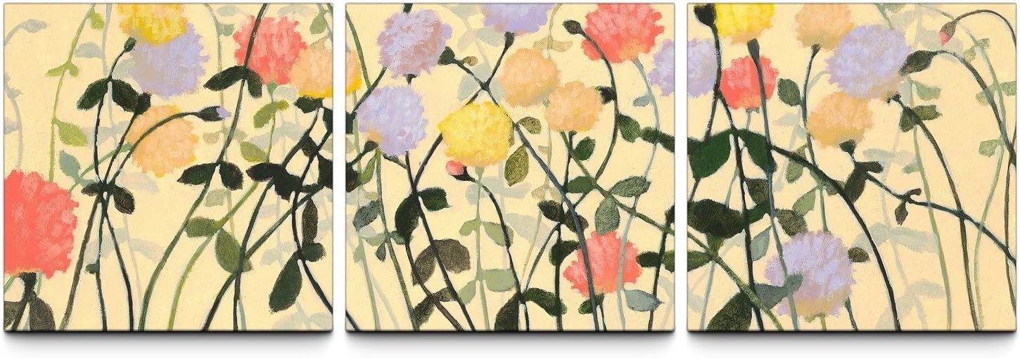 Tjie Art Hand Painted Mordern Oil Paintings Garden Social 24 X 72in. Textured Canvas Prints Triptych 3-piece Floral Theme Set ,High-quality Prints on Canvas ,Stretched on Frame