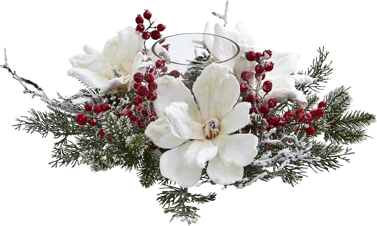 Nearly Natural Frosted Magnolia & Berry Artificial Arrangement Candelabrum