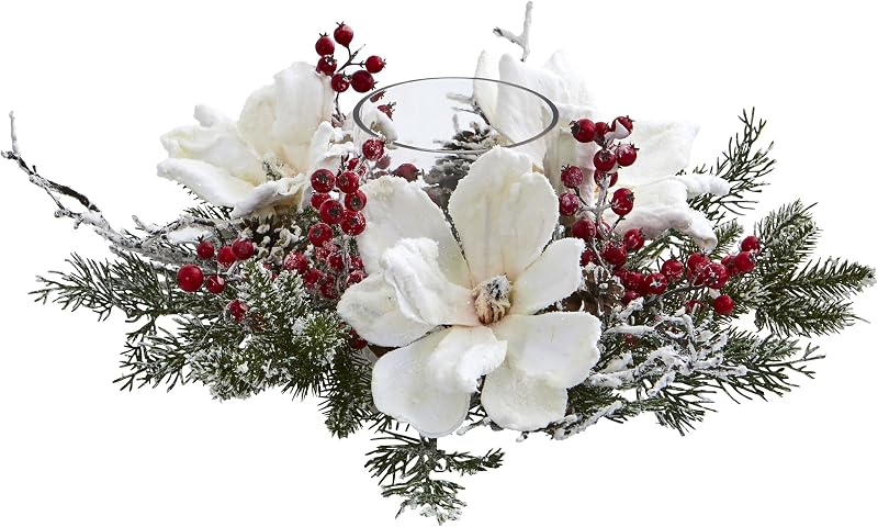 Nearly Natural Frosted Magnolia & Berry Artificial Arrangement Candelabrum