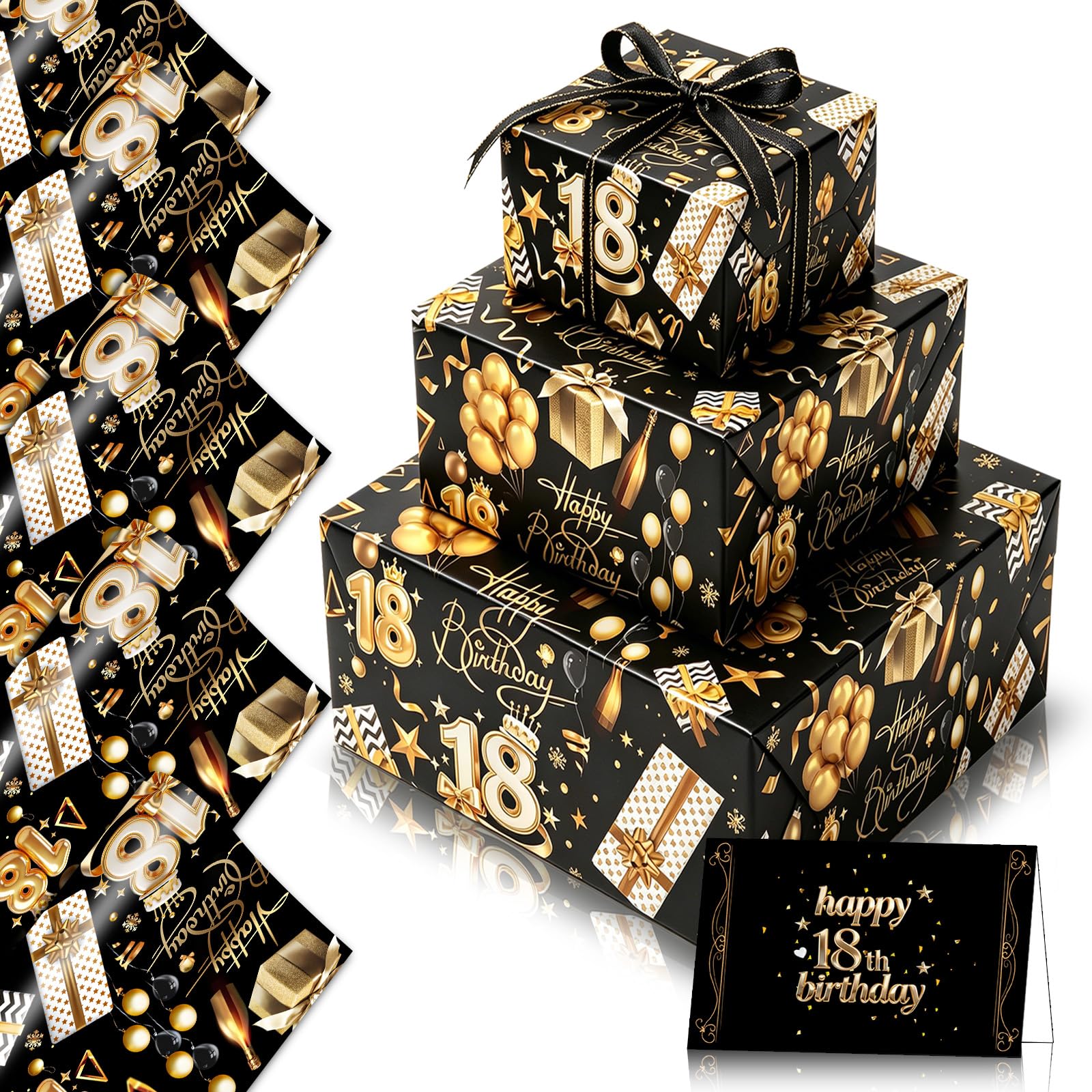 Black and Gold 18th Birthday Wrapping Paper Girls Boys,5 Sheets 50x70cm 3D Happy 18 Birthday Gift Wrap Paper with Card and 2m Ribbon for Boy Girl Him Her Female Male 18th Birthday Gifts Decorations