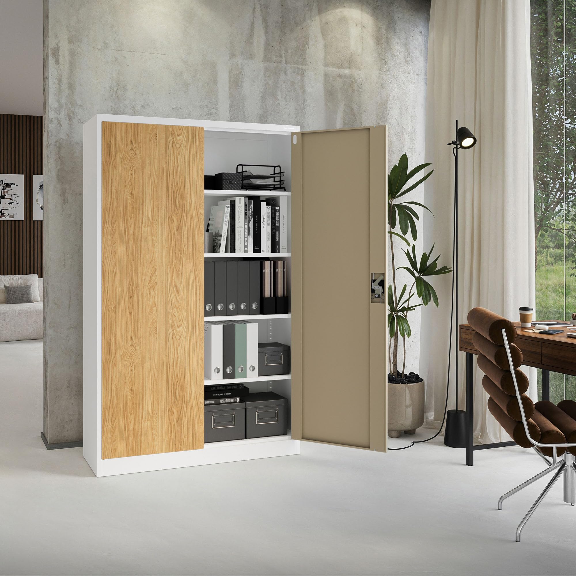 Jan Nowak Armoire de Bureau métallique verrouillable avec 4 étagères réglables pour dossiers et Archives en Acier Robuste 115 x 185 x 40 cm Blanc Chêne doré