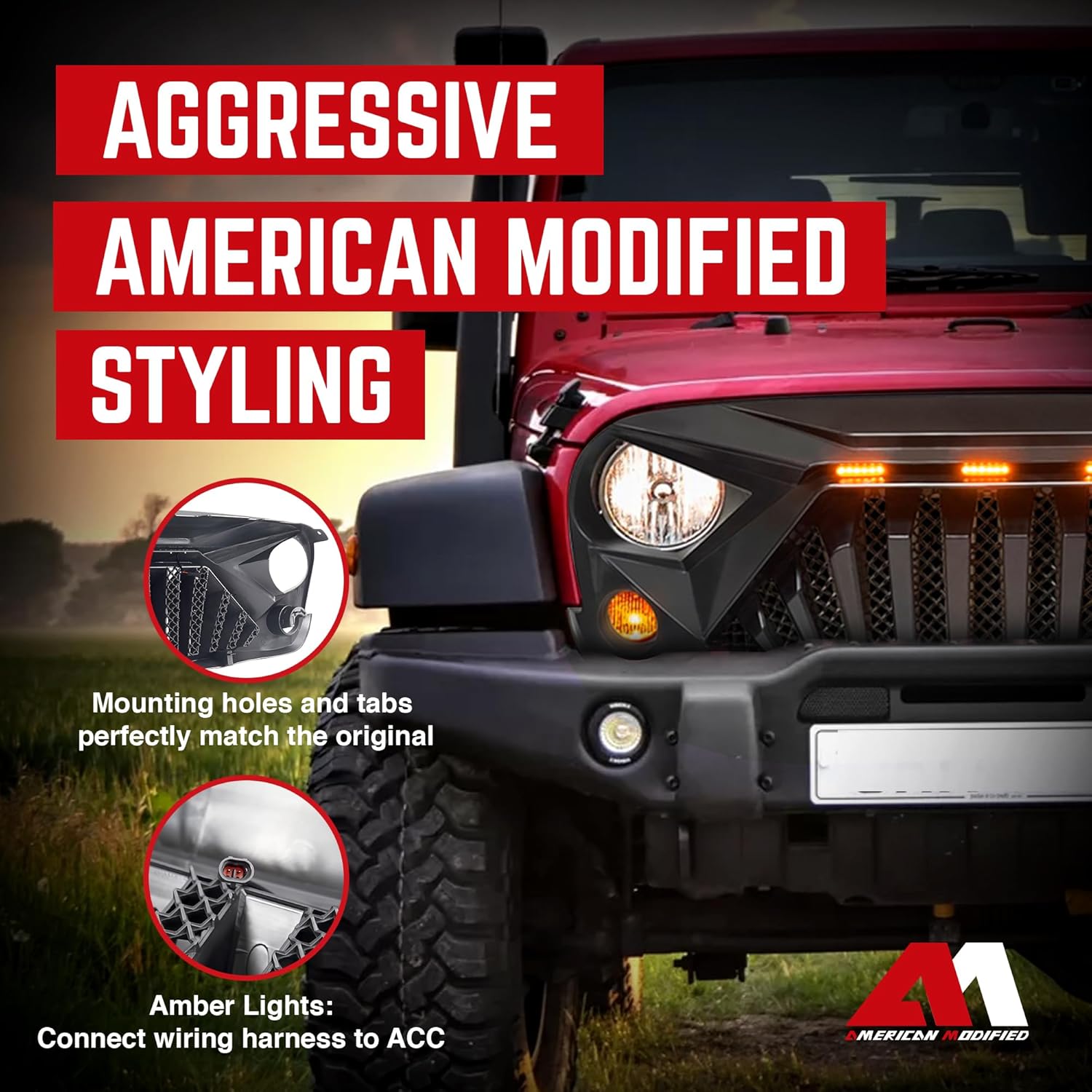 AMERICAN MODIFIED Front Goliath Grill w/ABS Construction & LED Lights, Compatible with Jeep Wrangler JK Models 2007-2018, Matte Black