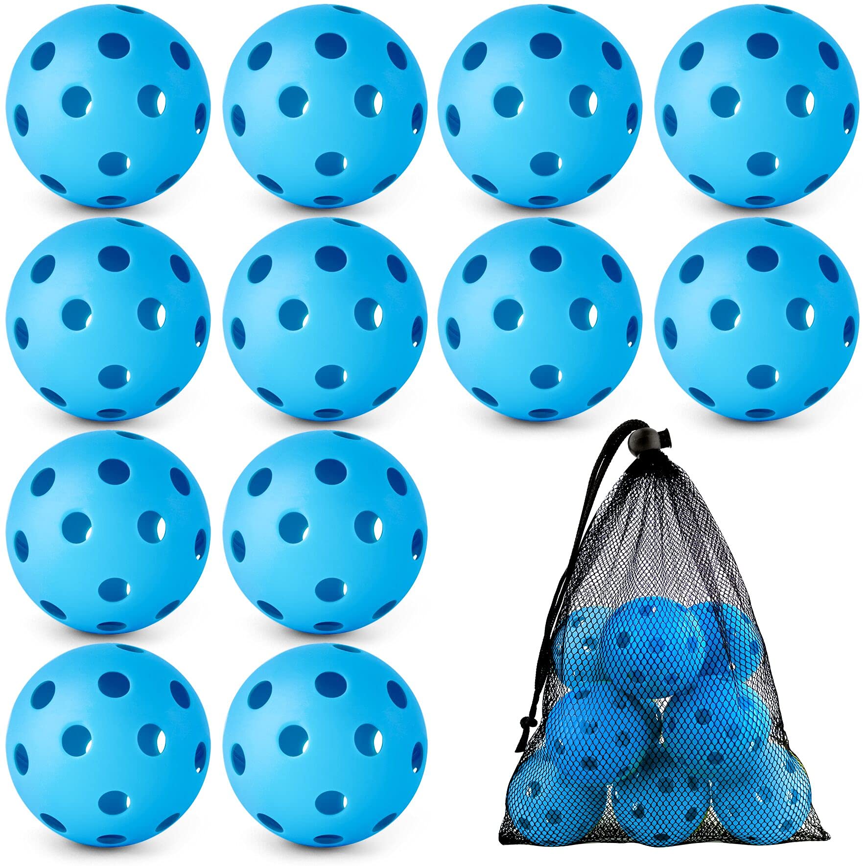 Paquete de 12 pelotas de béisbol de plástico hueco de flujo de aire suave con una bolsa de cordón para golpear, entrenamiento de béisbol para uso en interiores y exteriores (azul)