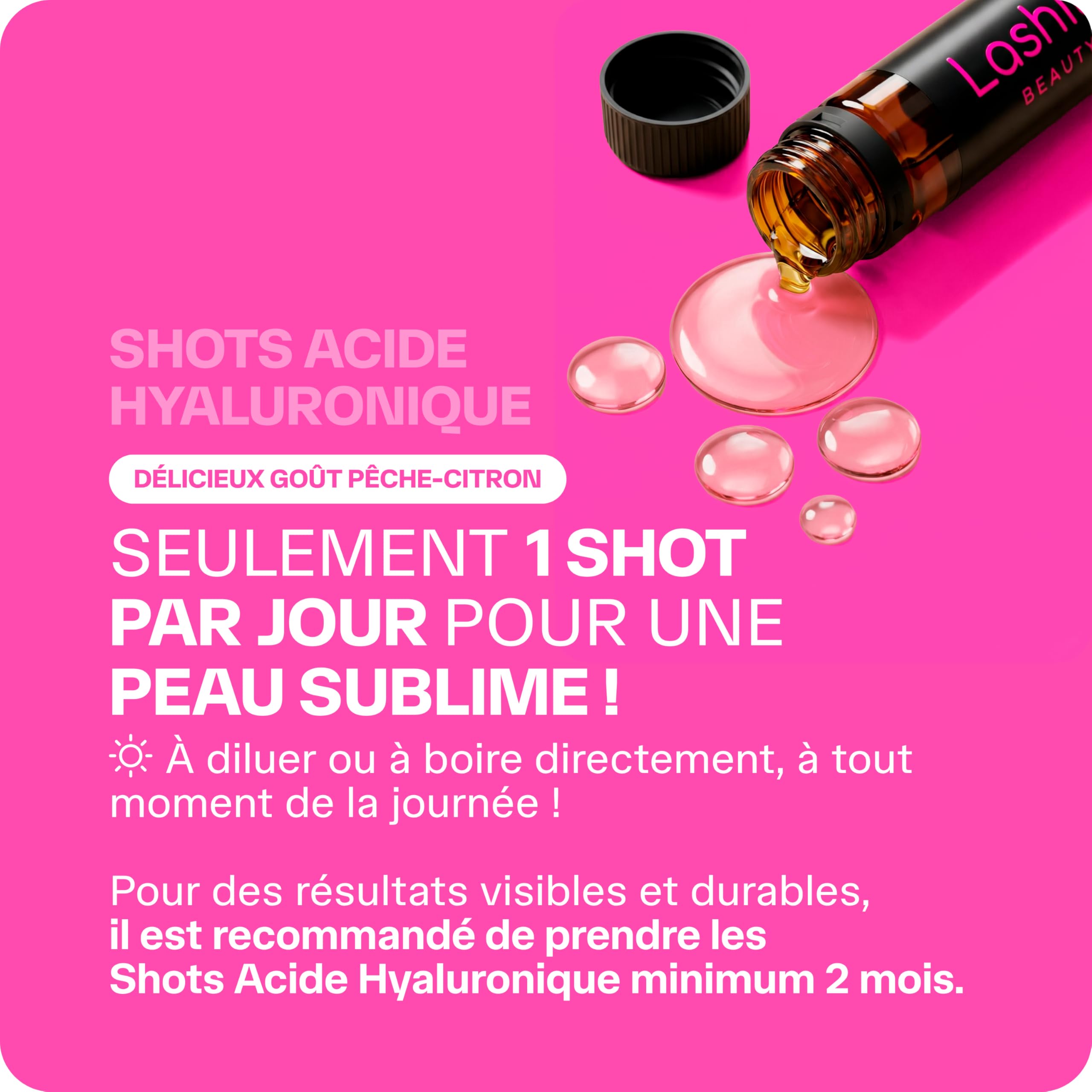 Lashilé Beauty - Complément Alimentaire - Anti-rides et élasticité de la peau - Shots Acide Hyaluronique 150 mg - Acide hyaluronique Zinc - Made in France - Programme 1 Mois