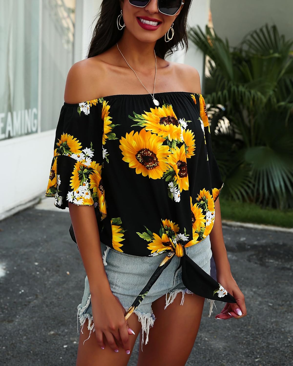 Hibluco Womens Off Shoulder Tops Sexy Floral Print Crop Tops Summer Blouses T-Shirt - Image 6