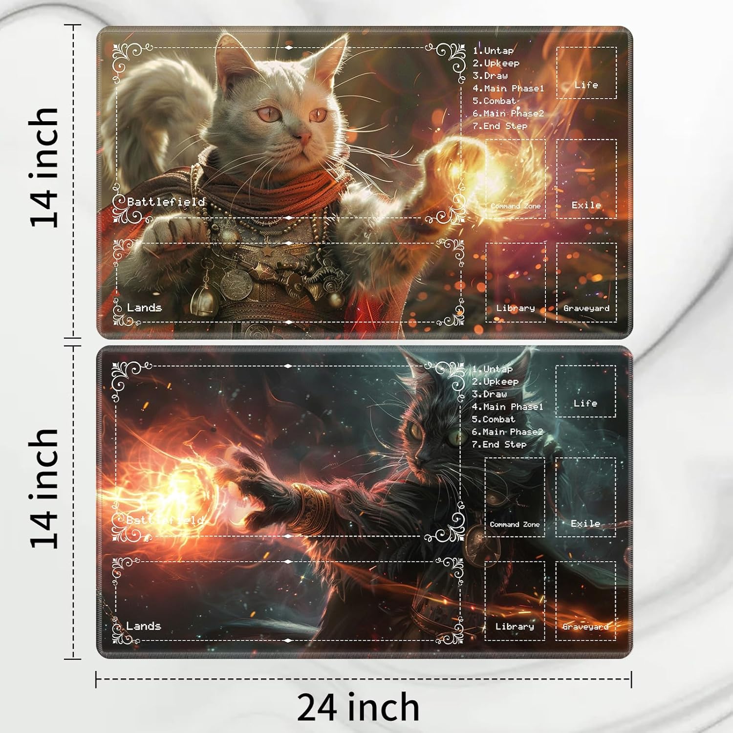 Playmat for MTG with Zones (2 Pack), Card Game Mat Non-Slip Rubber Base and Stitched, 24 x 14 inch TCG Play Mat for MTG and Other Card Games, Magic Cat