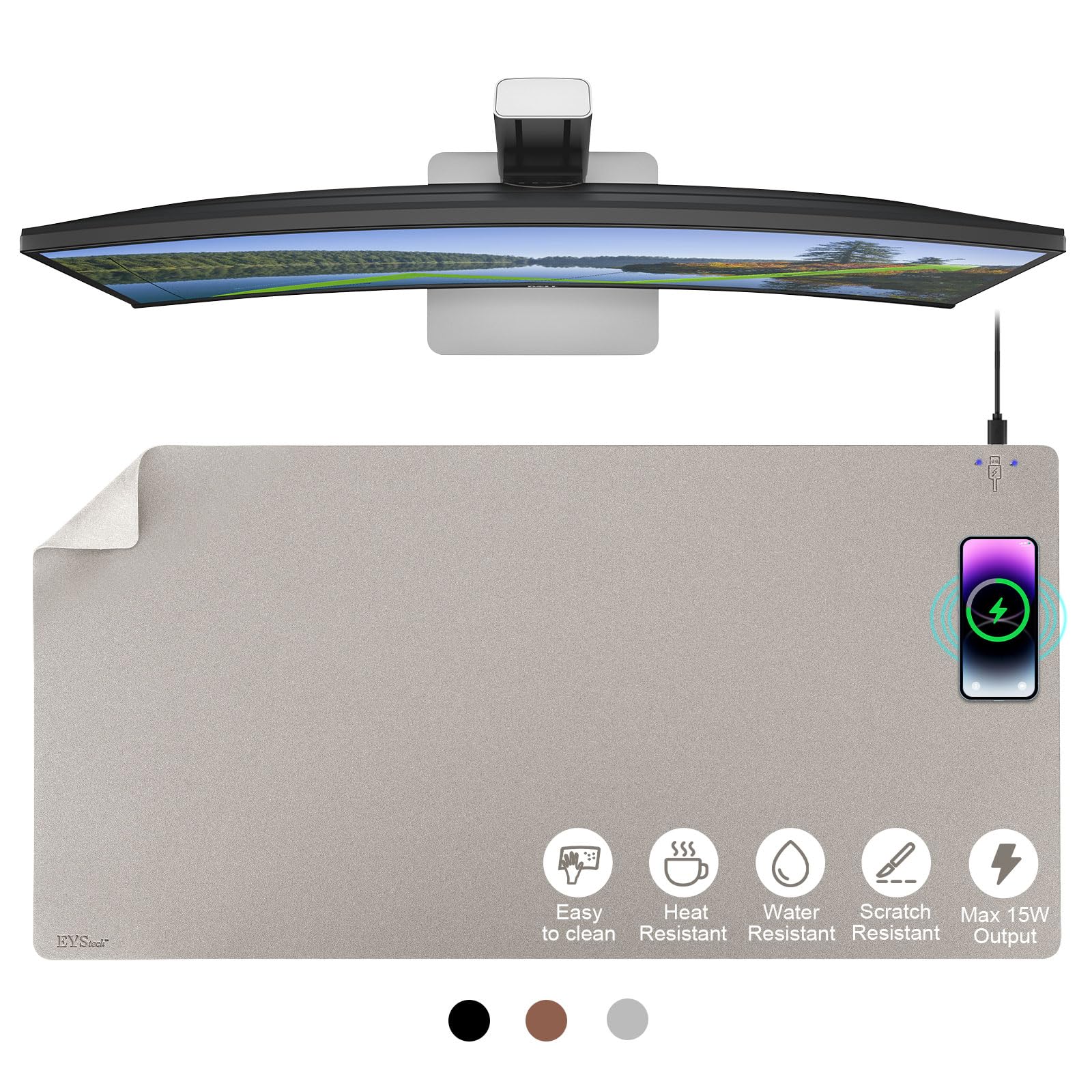 Tappetino per mouse 2 in 1 con ricarica wireless, in pelle di alta qualità, impermeabile, per ufficio, casa, lavoro, tastiera, caricabatterie per iPhone, dispositivi Android, AirPods e