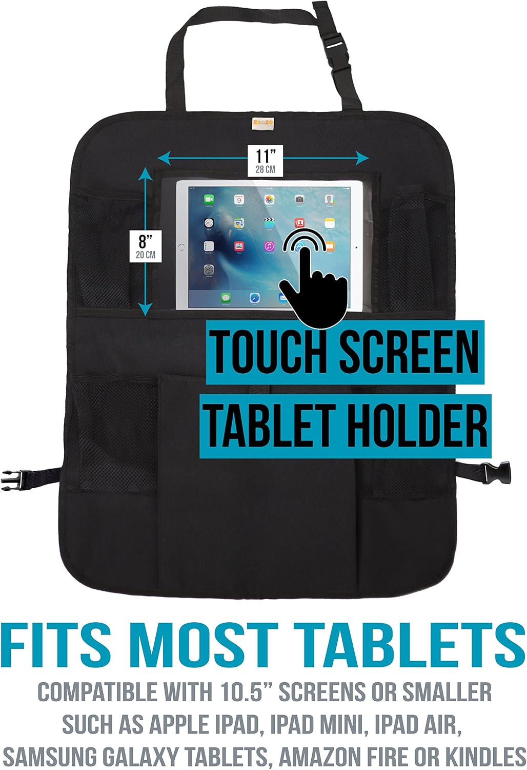 Zohzo Car Back Seat Organizer With Tablet Holder - Touch Screen Pocket for Android & iOS Tablets up to 10.5" - Multipurpose Use as Auto Seat Back Protector, Kick Mat, Car Organizer