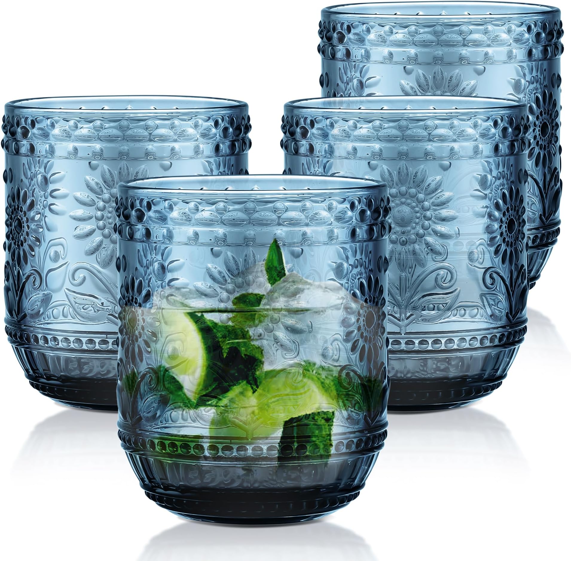 Joeyan Water Glasses Drinking Set of 4, 360ml Ribbed Tumbler Glasses Coloured Highball Glasses Glassware for Juice Cocktail Beverages Whiskey Beer Water Tea Modern Gift, Blue