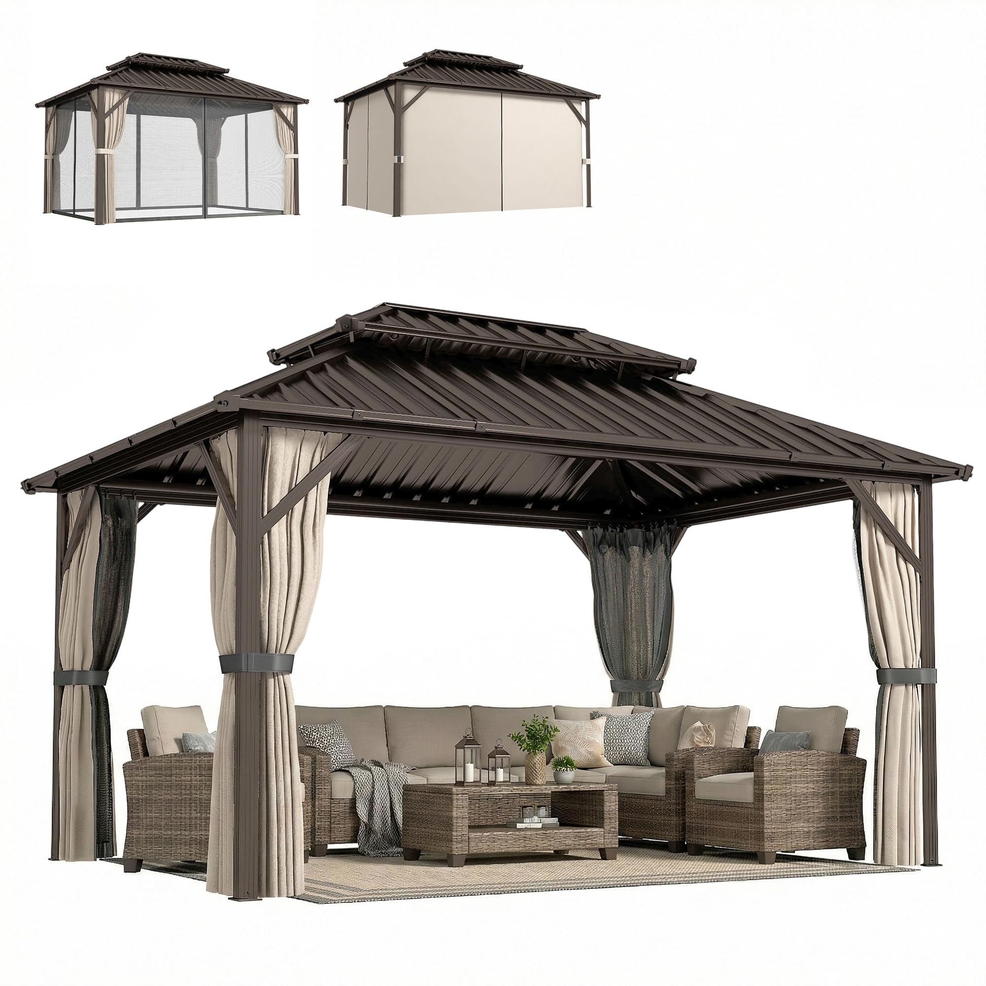 Outsunny 10' x 14' Hardtop Gazebo with UPF50+ Double Galvanized Steel Roof Canopy, Aluminum Frame Permanent Outdoor Gazebo with Curtains and Netting,
