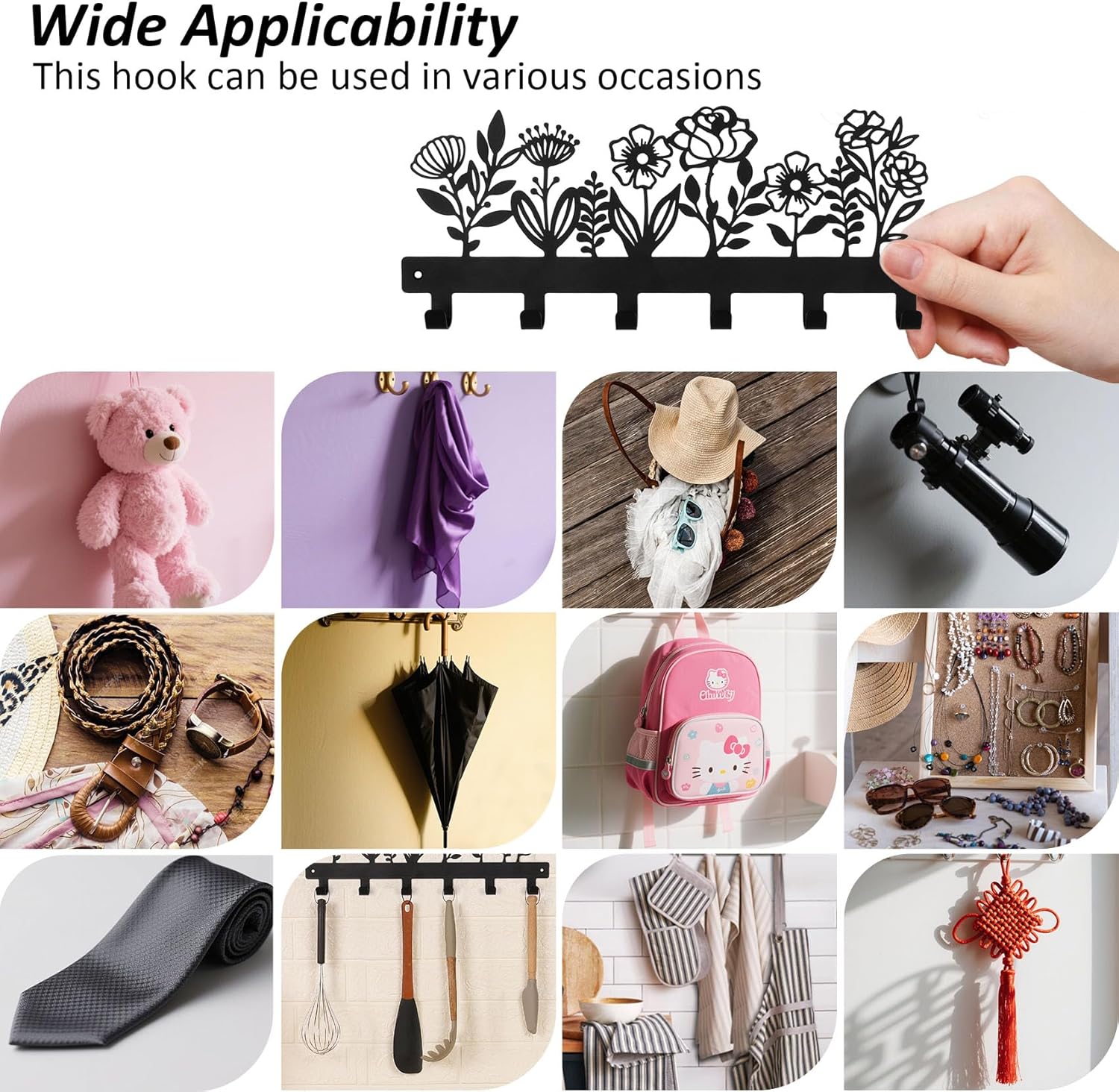 16 Inches Towel Rack Wall Mounted with 6 Hooks, Black Metal Key Hanger Keychain Holder for Entryway Front Door Hallway Mudroom, Waterproof Rustproof Kitchen Bathroom Organizer Home Decor - Image 3