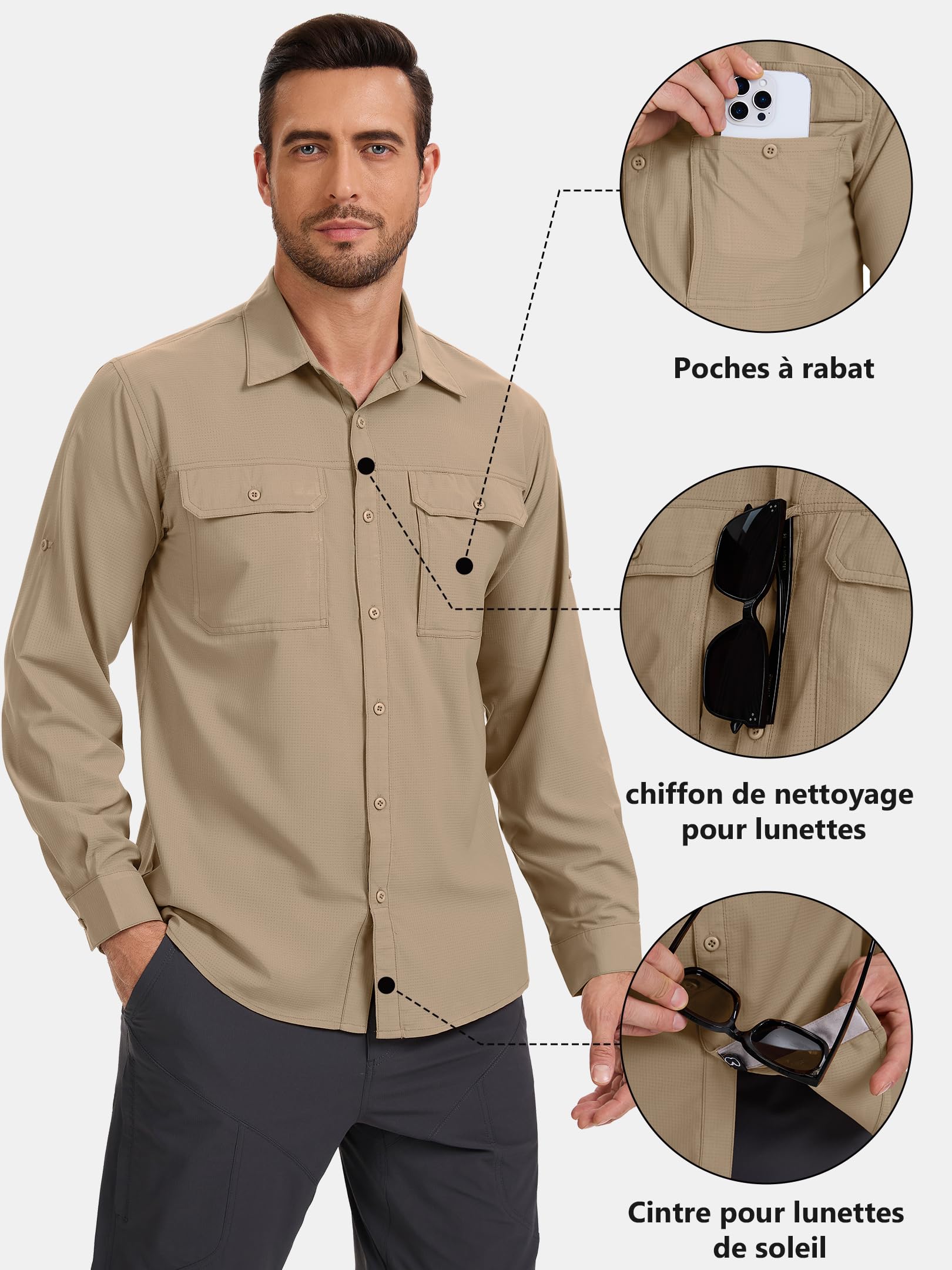 Chemise Safari Homme UPF50+ Protection UV à Manches Longues Chemise de pêche pour Homme Boutonnée Séchage Rapide Fonctionnelle