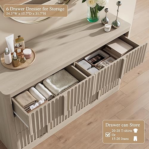 Miniatura 4 de Cómoda acanalada para dormitorio, cómoda de 47 pulgadas de ancho, cómoda moderna de 6 cajones con mango de madera maciza, diseño de perfil curvo,
