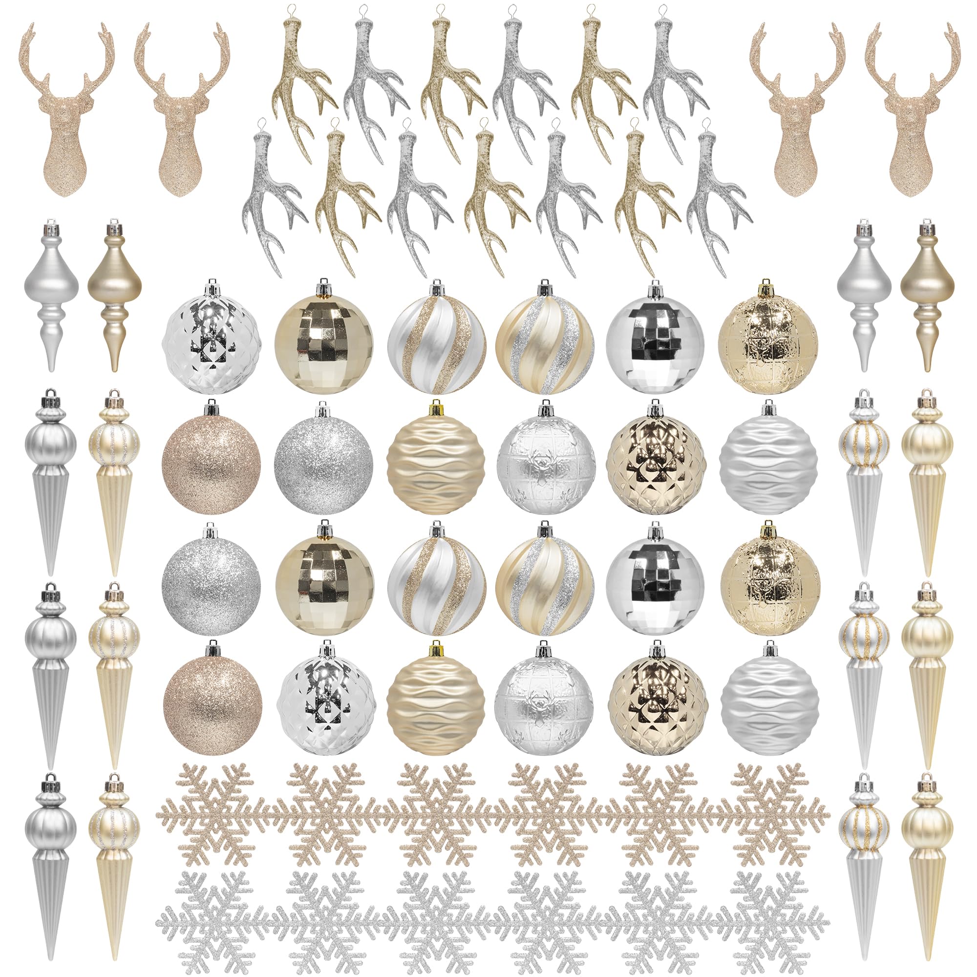 KI Store Christmas Tree Decoration Set Silver and Champagne Gold 69pcs Large Shatterproof Christmas Balls Deer Ornaments Snowflakes Assorted for Xmas Tree Decor