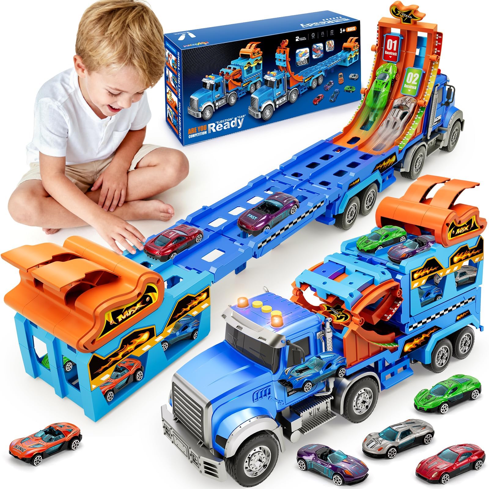 Truck Car Toys for 3, 4, 5, 6, 7, 8 Years Old Kids, Carrier Truck Race Track Toys, Foldable Transport Car Toys with Foldable Race Tracks and 6 Metal Cars, Birthday Gifts for Toddler Boys Girls (Blue)