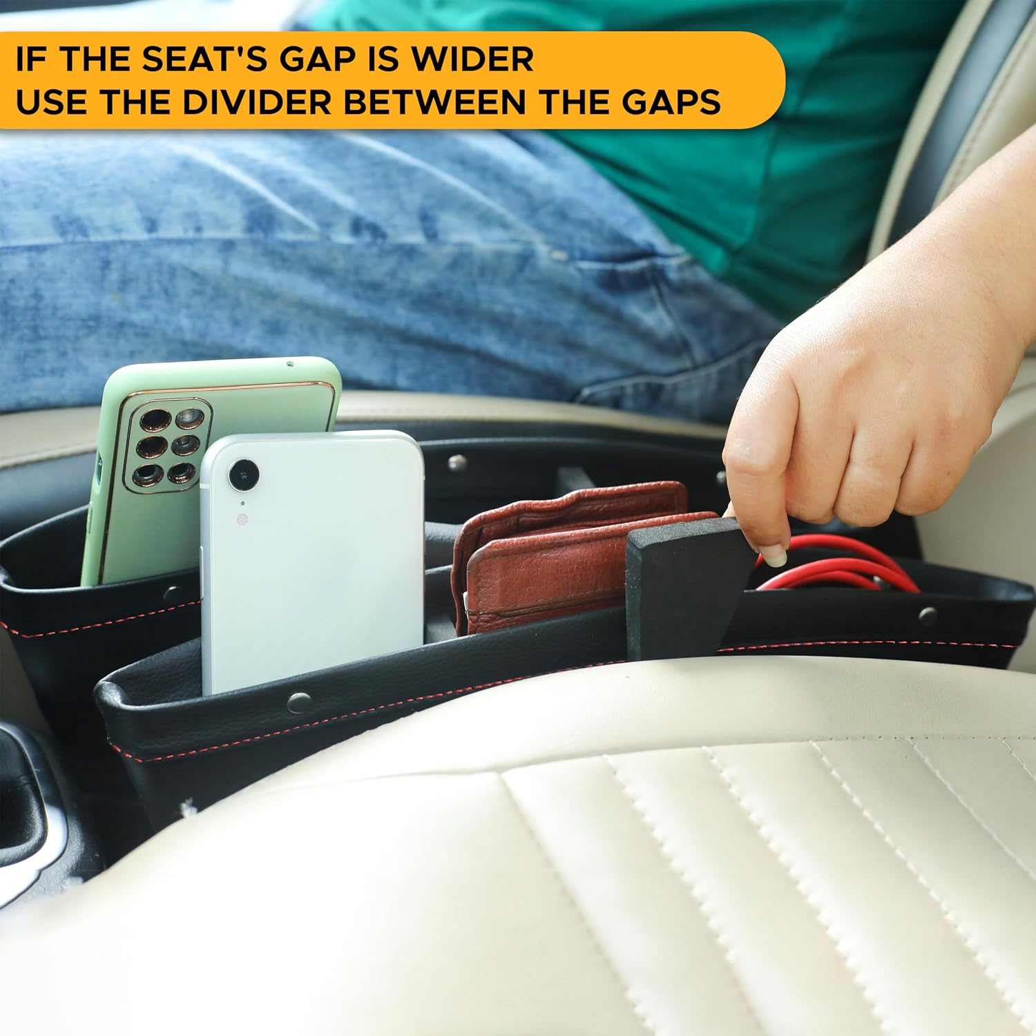 EcoNour 2 in 1 Car Seat Gap Organizer | Front Car Seat Crevice Storage Box | Car Seat Gap Filler Helps to Reduce Distracted Driving & Holds Phones, Glasses, Keys (Red) | Adjustable Storage Pockets