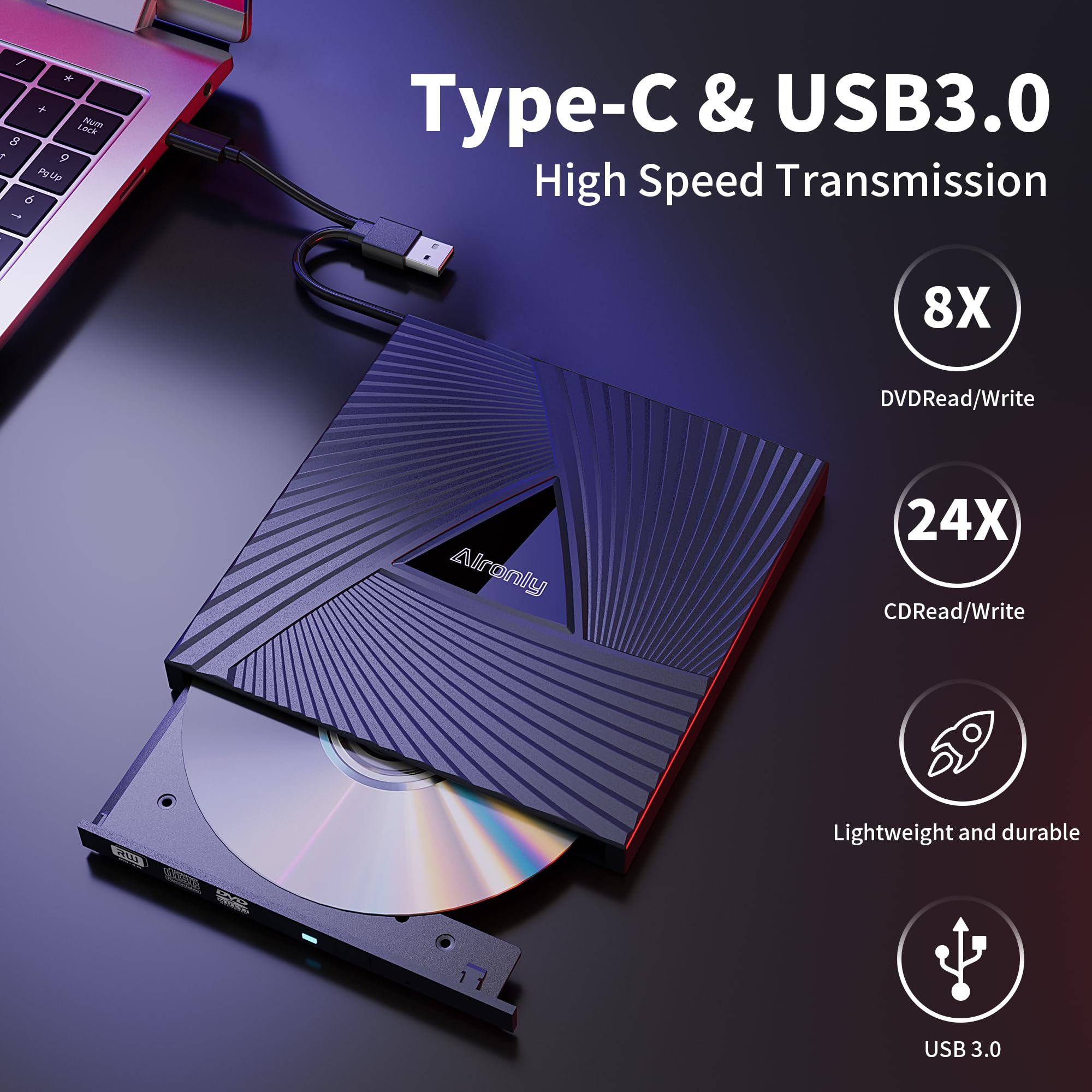 Zewnętrzny napęd CD/DVD do laptopa/PC, przenośny odtwarzacz USB 3.0 typu C do komputera CD DVD +/-RW nagrywarka CD czytnik nagrywarek CD kompatybilny z komputerem stacjonarnym Windows Apple