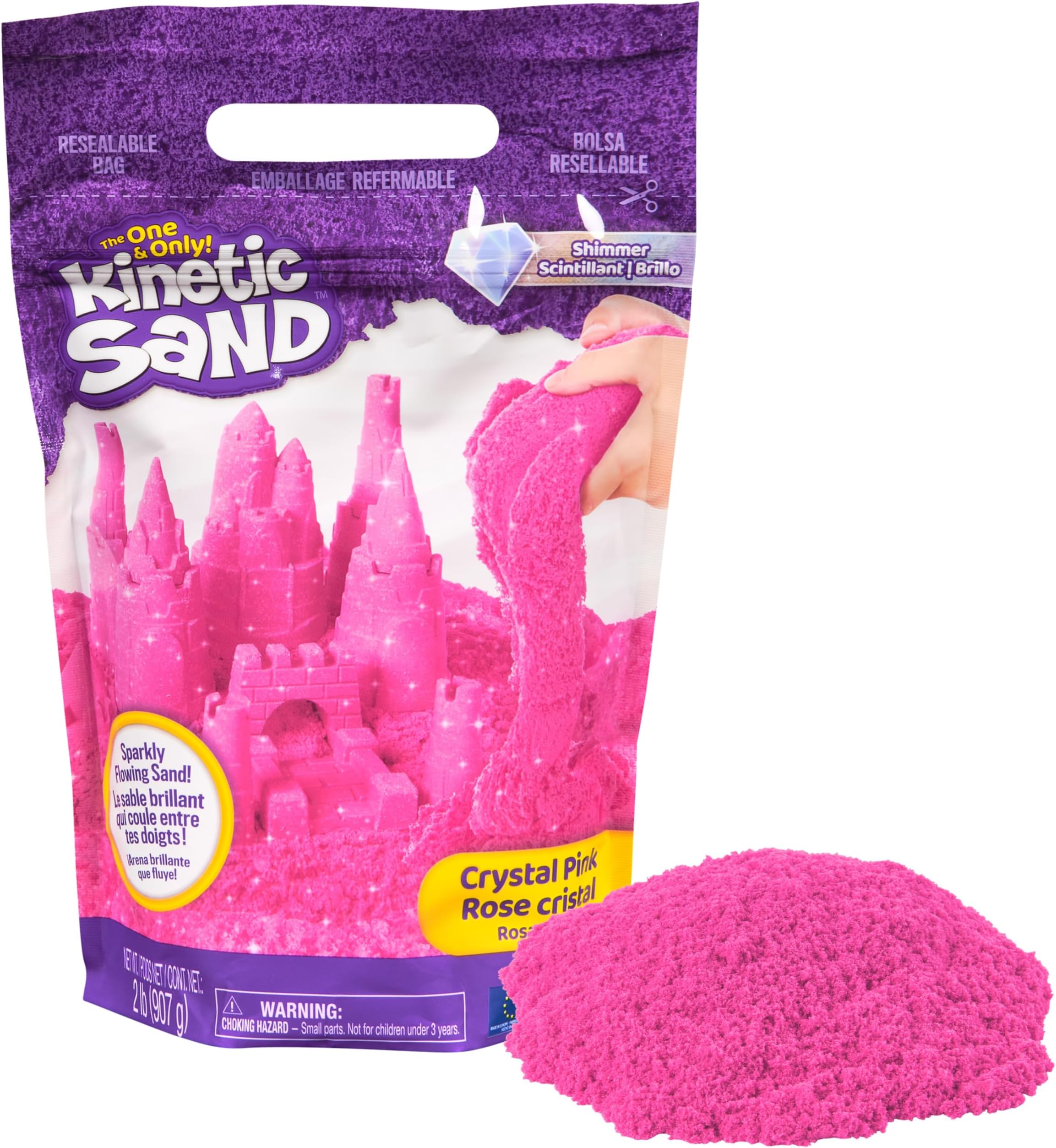 Kinetic Sand, Crystal Pink 2lb Bag of All-Natural Shimmering Play Sand for Squishing, Mixing and Molding, Sensory Toys for Kids Ages 3 and up
