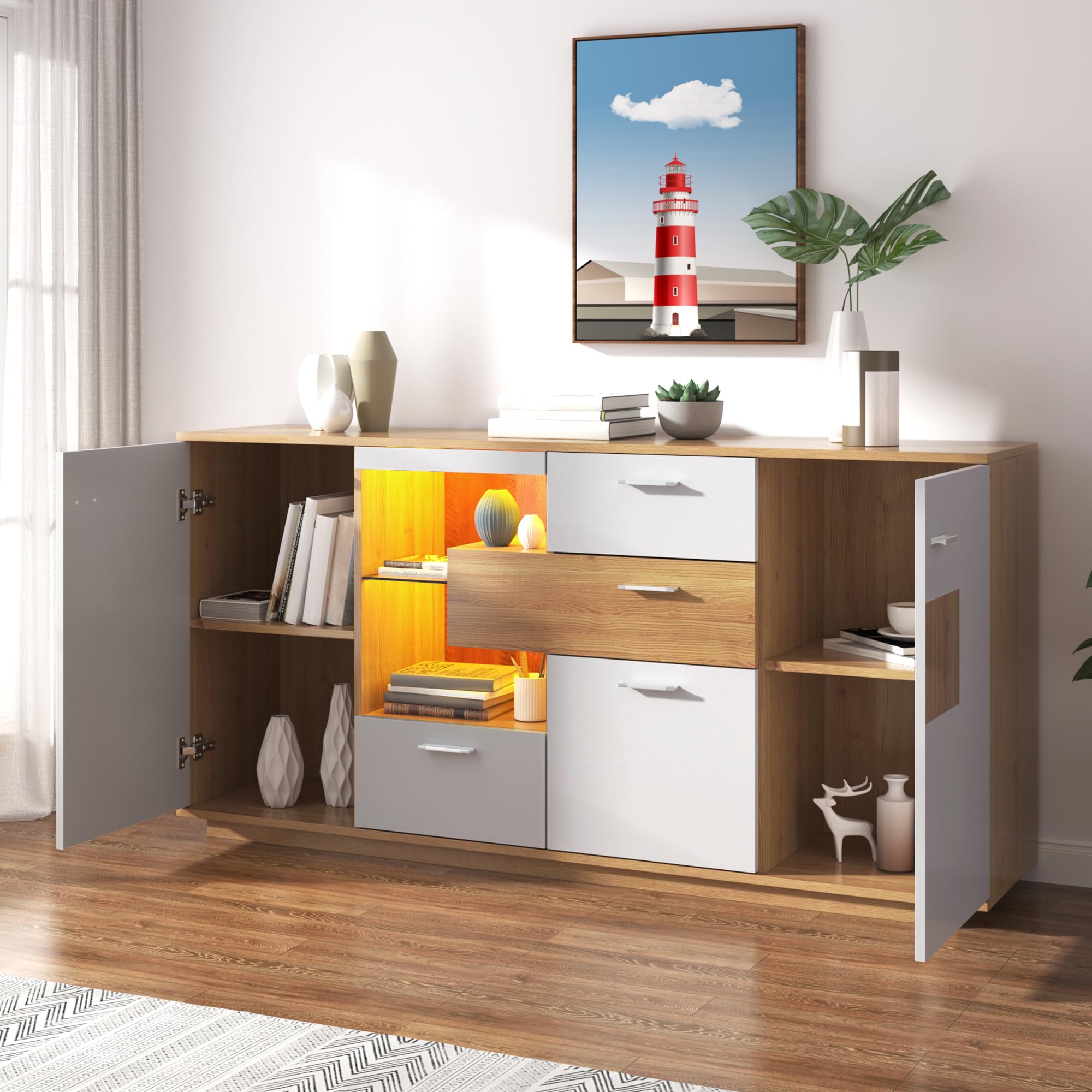 LAKFEW Aparadores para Salon con LED y Estante de Cristal, Aparador Salon con 4 Cajones y 2 Puertas, Aparador Entrada, Muebles de Salon Mueble Auxiliar Salón, 160x40x77 cm, Color Madera+Blanco