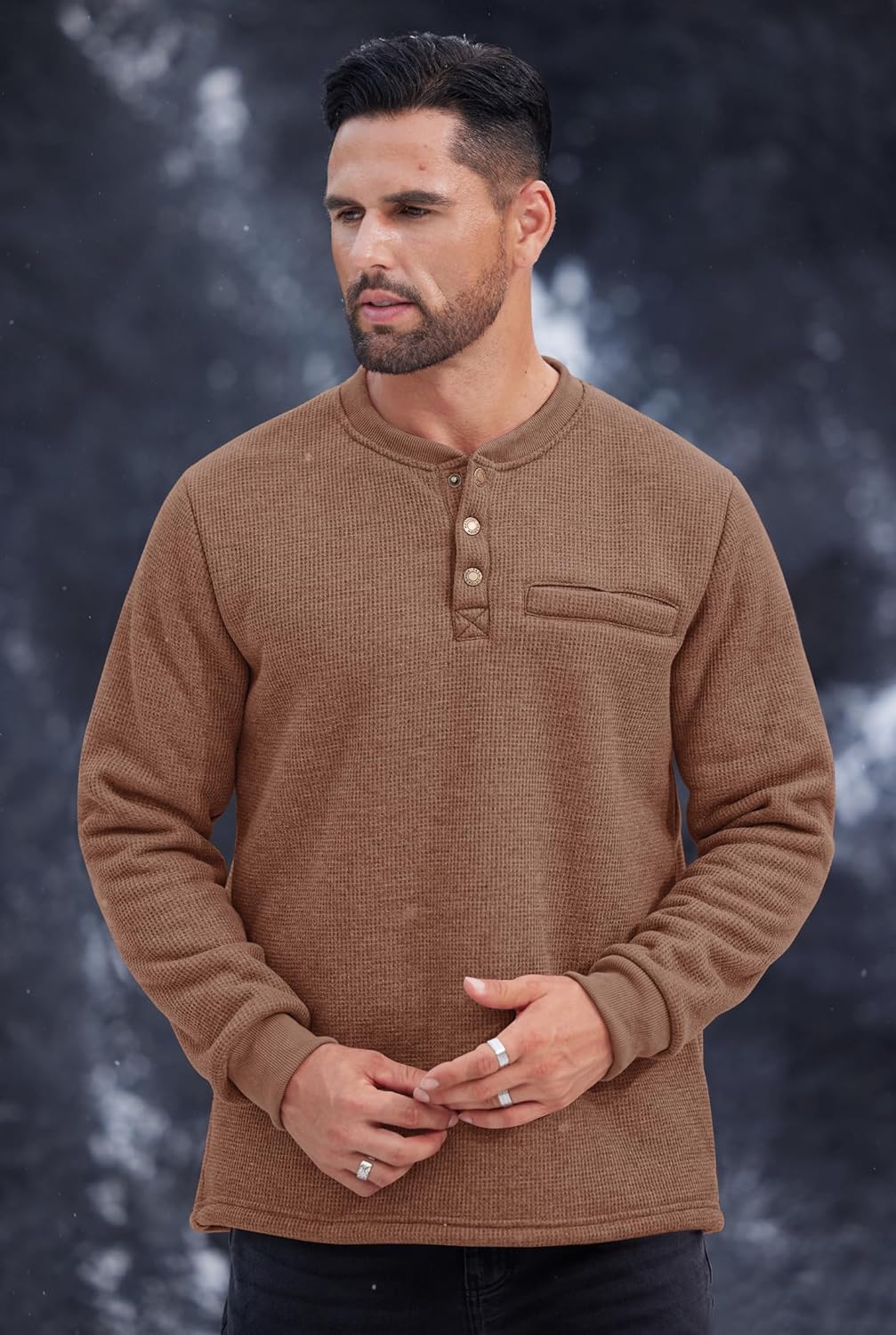Mens Sherpa Lined Waffle Henley Thermal Casual Long Sleeve Winter Pullover with Pocket (S-XXL) - Image 8