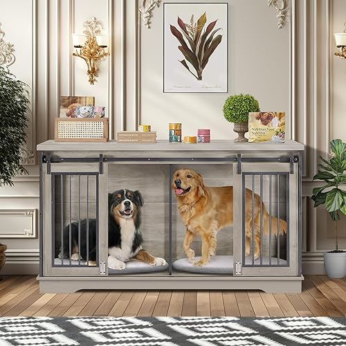 Miniatura 15 de Mueble doble para perros de 75 pulgadas, jaula 3 en 1 para perros grandes, soporte de TV gris duradero con bandejas y divisor, perrera doble