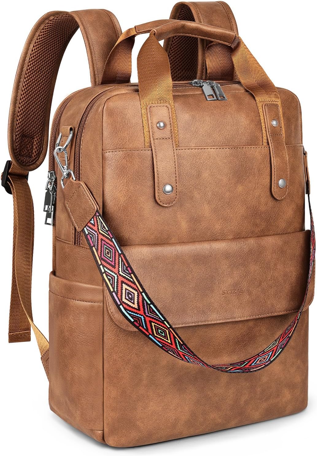SYTRAH Leather Laptop Backpack 15.6 Inch Womens Laptop Bag, 3 IN 1 Computer Bag Handbag with Colorful Shoulder Bag Strap for Work Travel College Mocha Brown