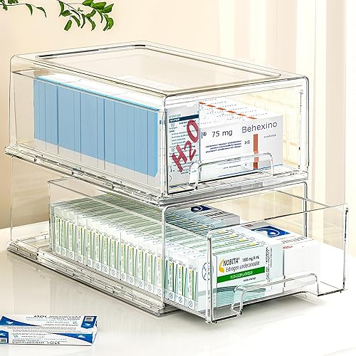 Gaoaodeyu Paquete de 2 cajones apilables de plástico transparente de gran capacidad con asa, cajas de almacenamiento de escritorio para lápiz labial